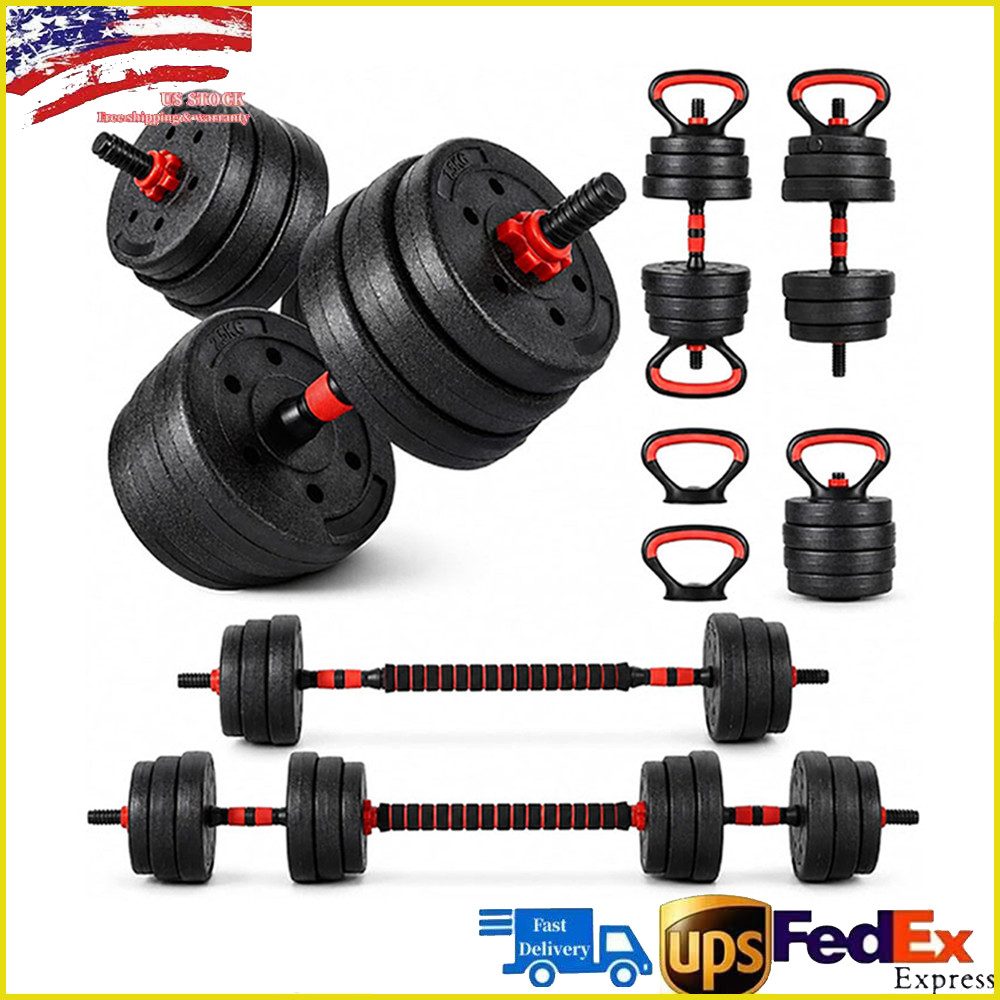 Adjustable 45lbs 5-in-1 Dumbbell Set for Home Gym Barbell Kettlebell Push Stand