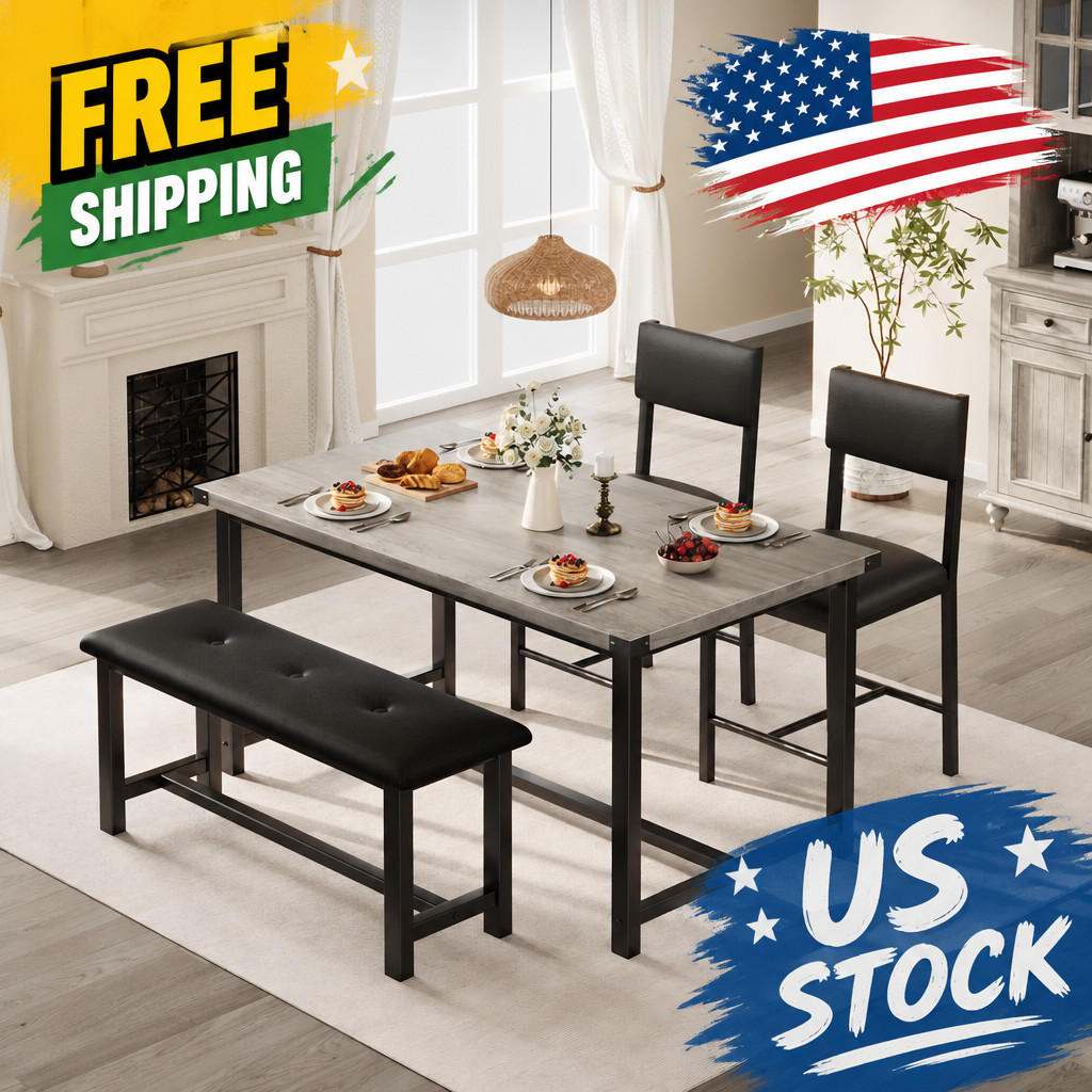 4-Piece Dining Set with Bench, Rustic Kitchen Table with Upholstered Chairs