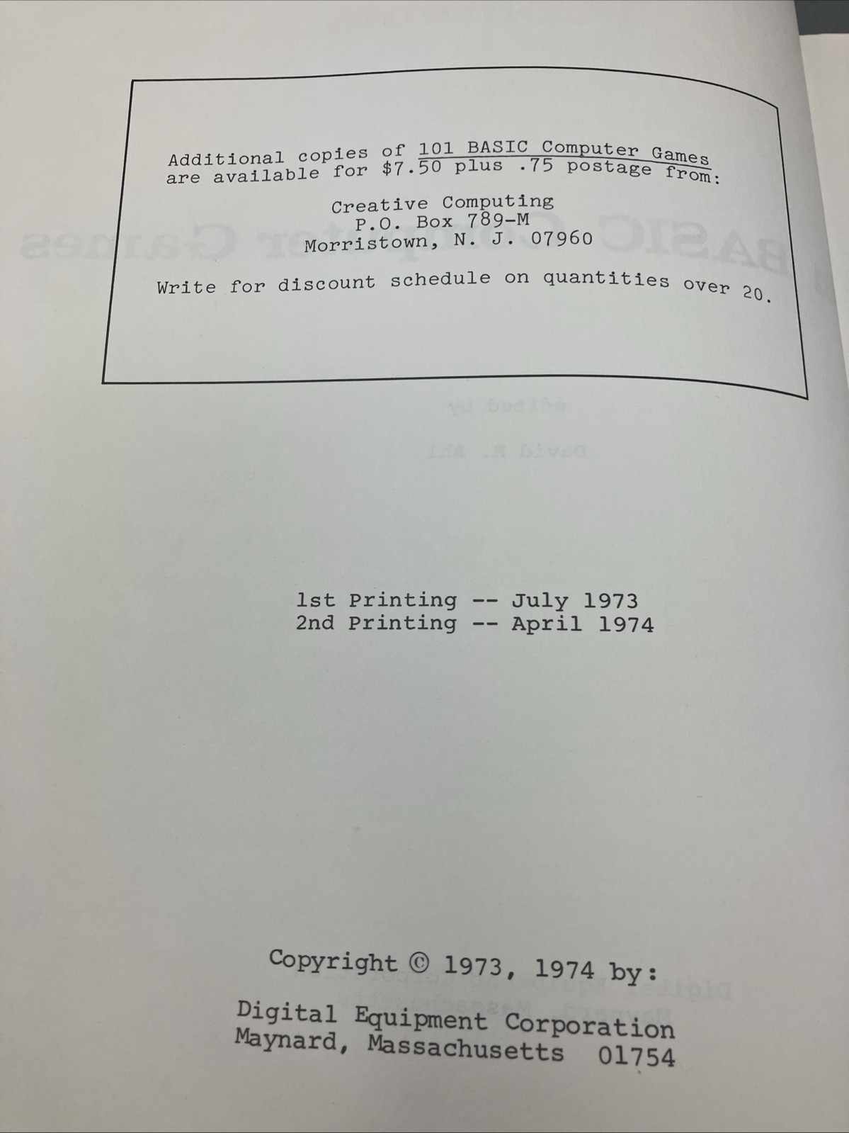 101 Basic Computer Games 1974 Code Book David H. Ahl Paperback Designer