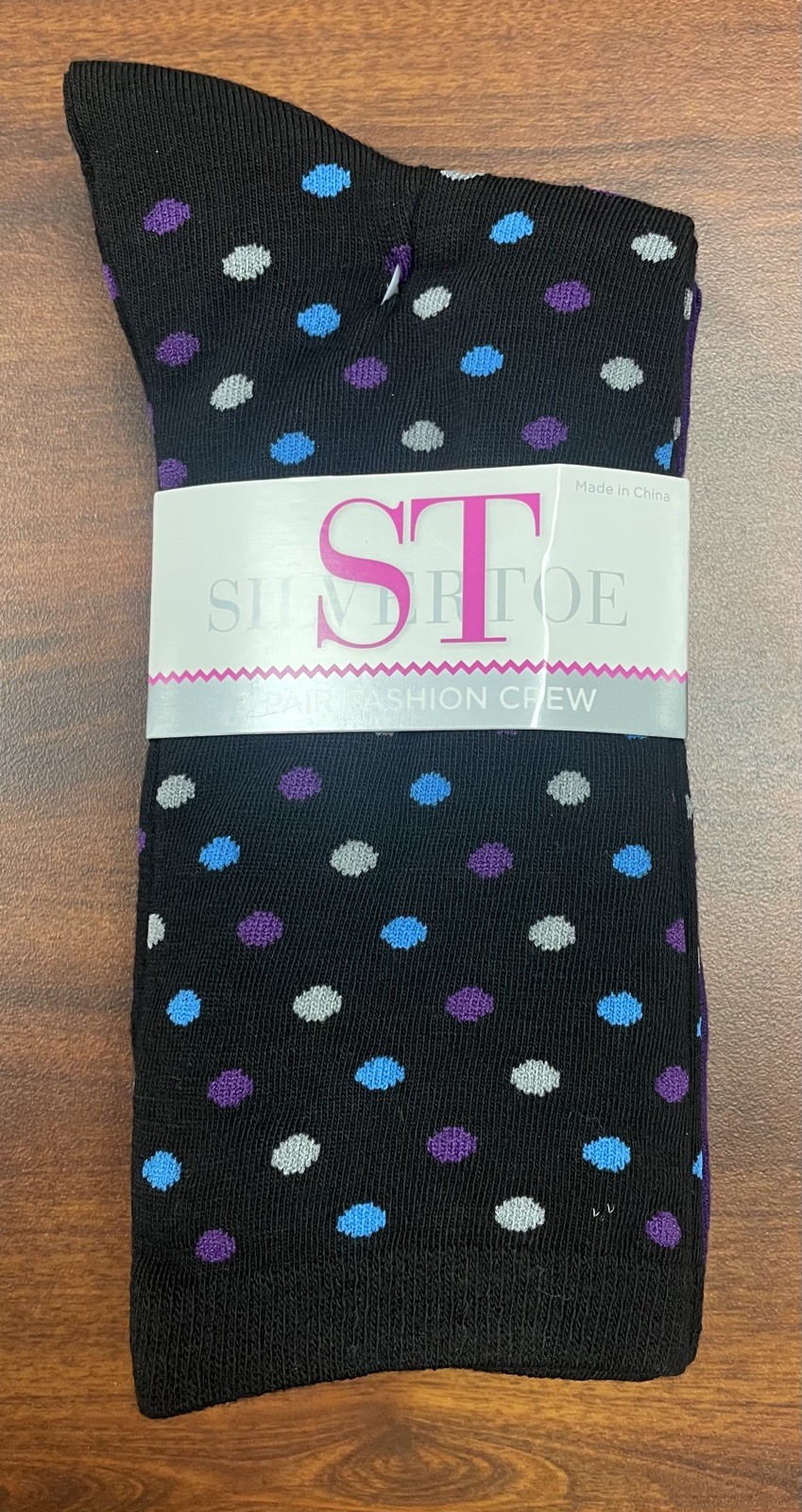 Silvertoe Women’s Crew Socks 3 Pair Pack – Black Polka Dot, Purple & Solid Black