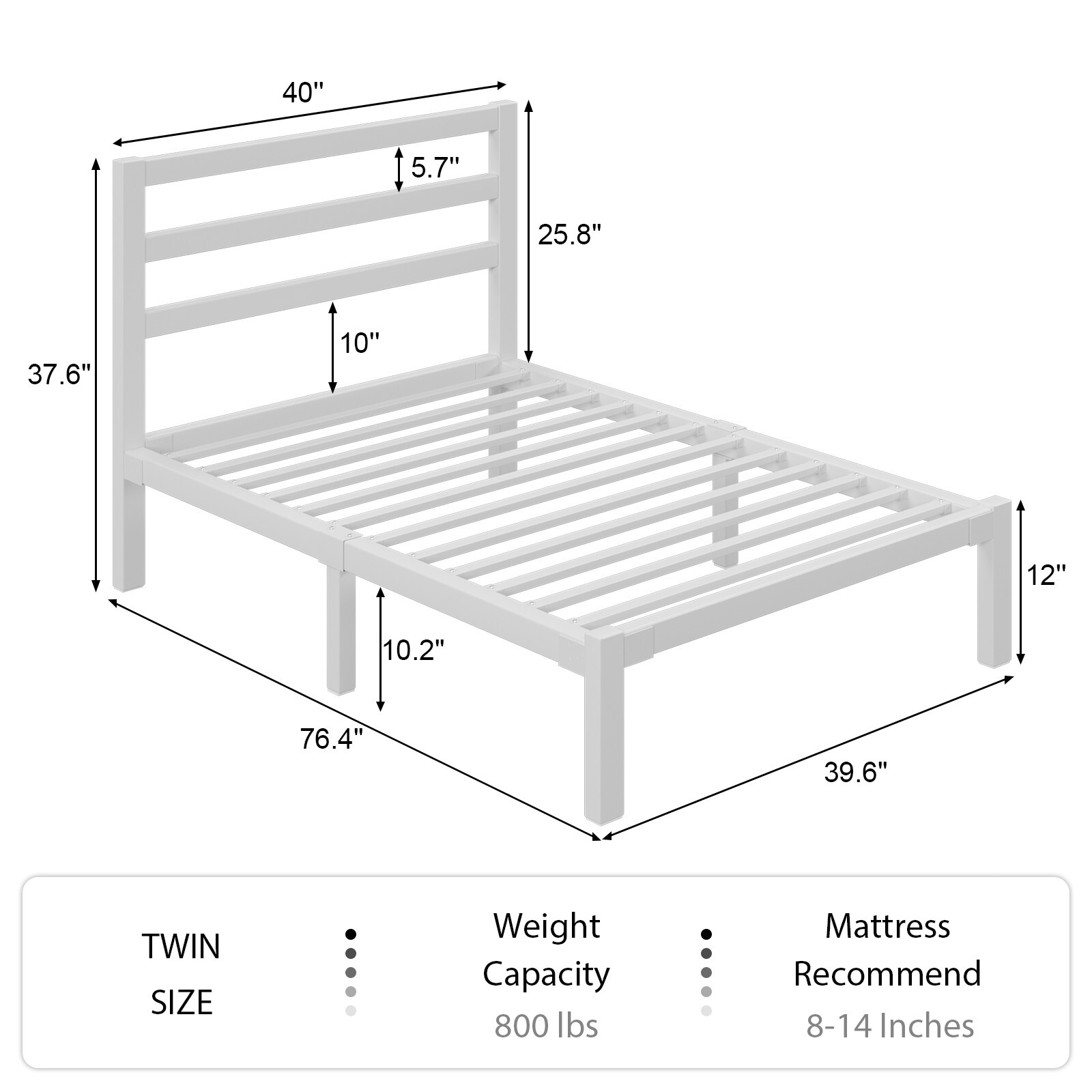 Twin Size Bed Frame with Headboard Strong Metal Slats Support