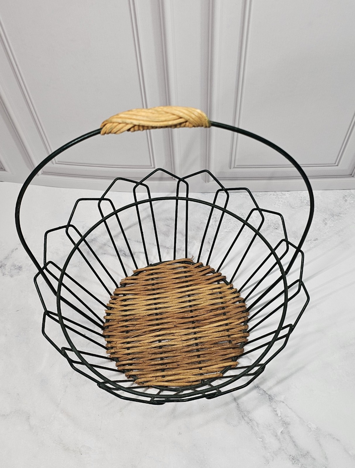 Vintage Wicker And Wire Round Basket With Handle