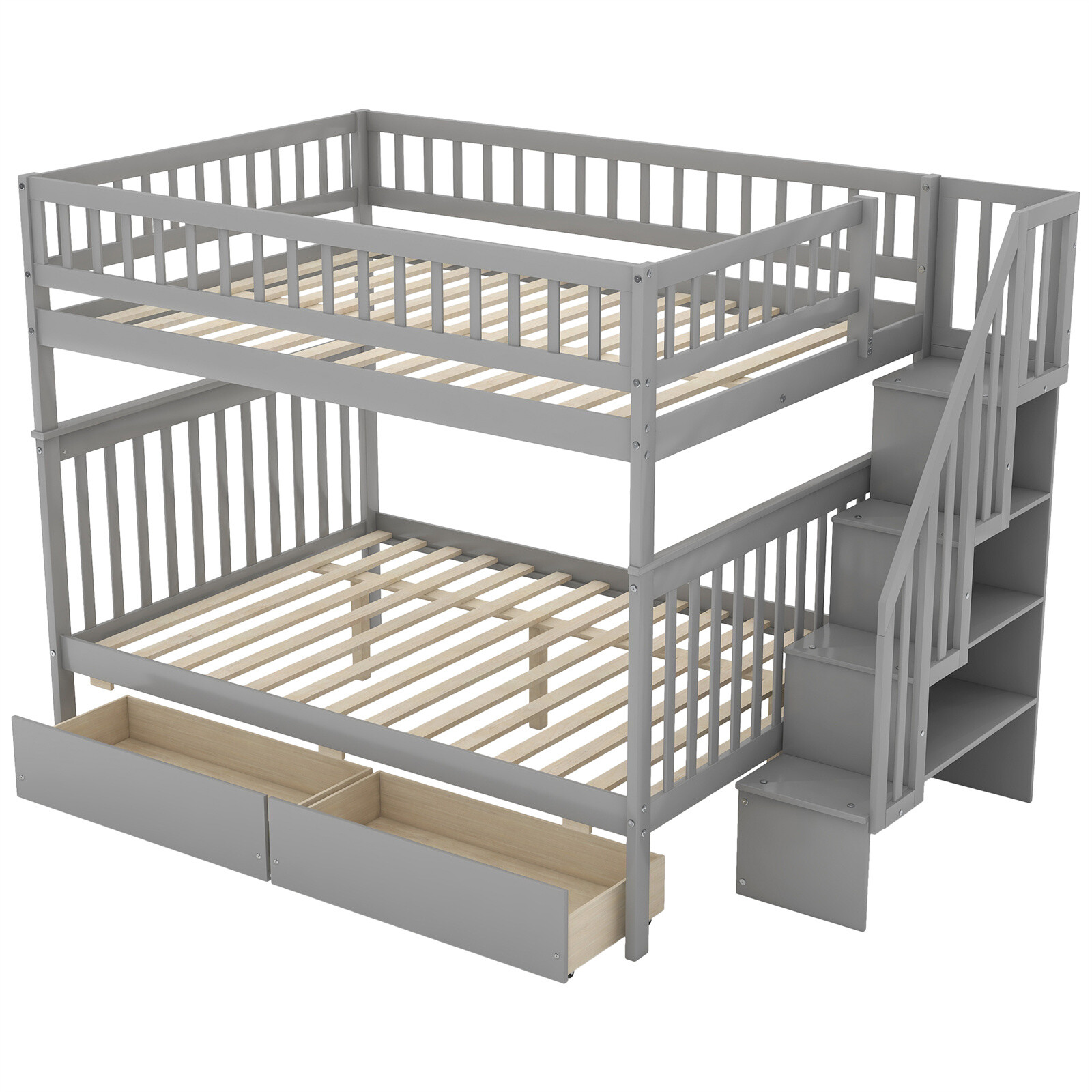 Bunk Beds Full Over Full Kids Adult Wood Loft Bunk bed with storage for Bedroom