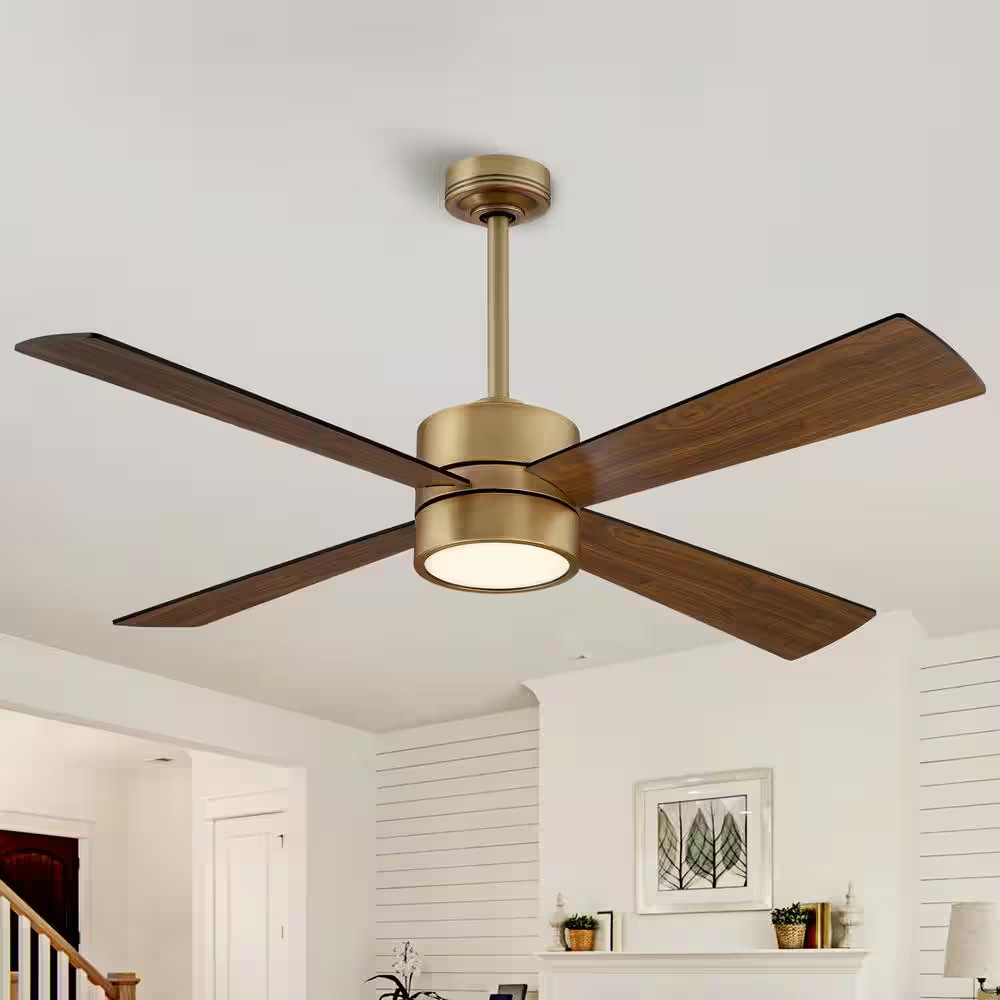 52 In. Indoor Integrated LED Natural Brass Ceiling Fan with Light and Remote Con