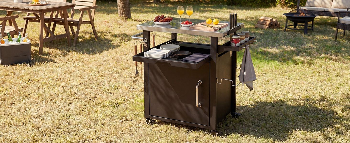 39.5" Outdoor BBQ Cart Stainless Top Wheels Storage Cabinet Spice Rack Cover
