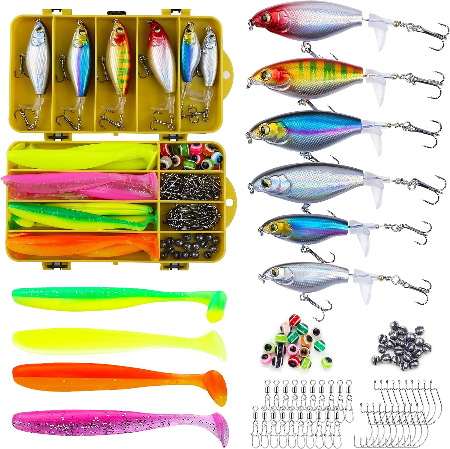 100 Pcs Fishing Lures Ploppers Equipment Tackle Gear Box for Bass, Floating Rota