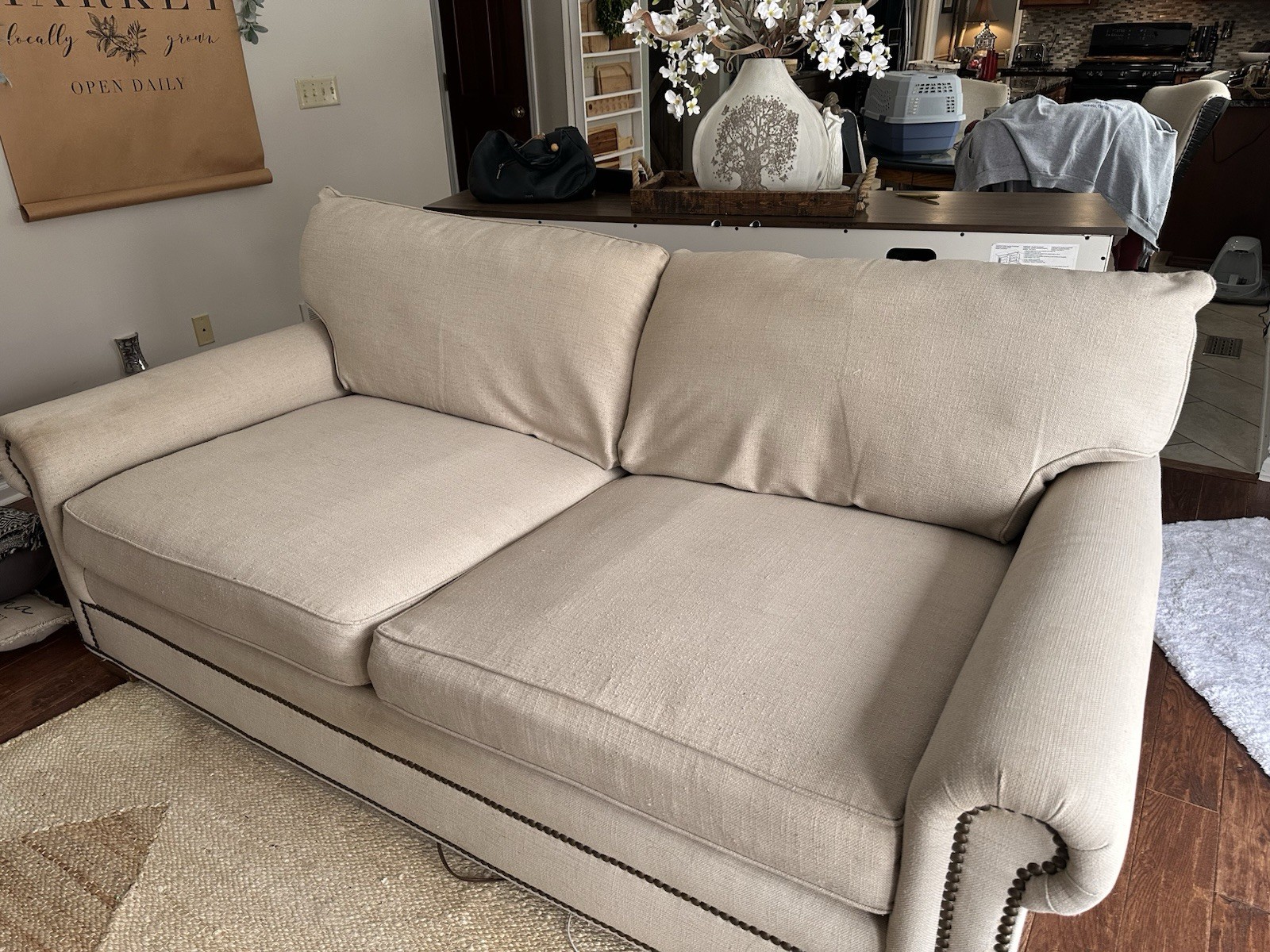 Beige Linen Blend Sofa 3-Seater Round Arms Nailhead Trim Removable Cushions