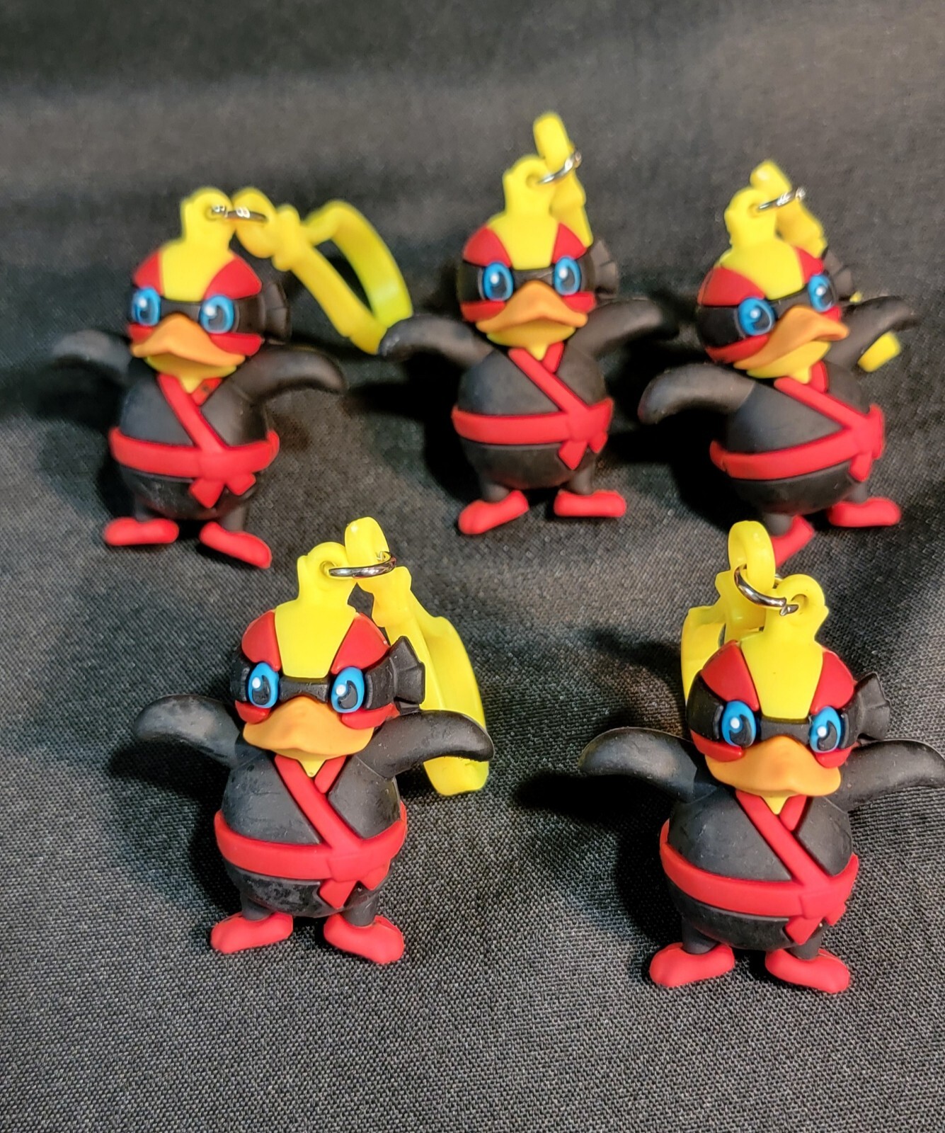 Lot Of 5 Ninja Karate Duck Black & Red Bag Tag Keychain Clip Fun Cute Quirky