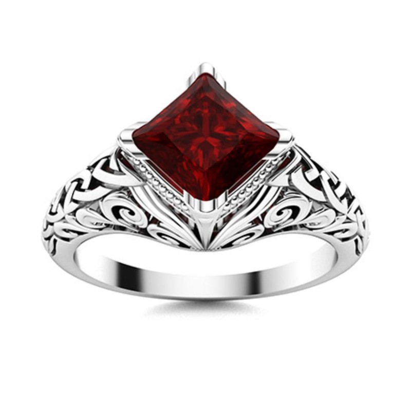 6mm Square Garnet 925 Sterling Silver Filigree Ring Vintage Style Wedding Gift