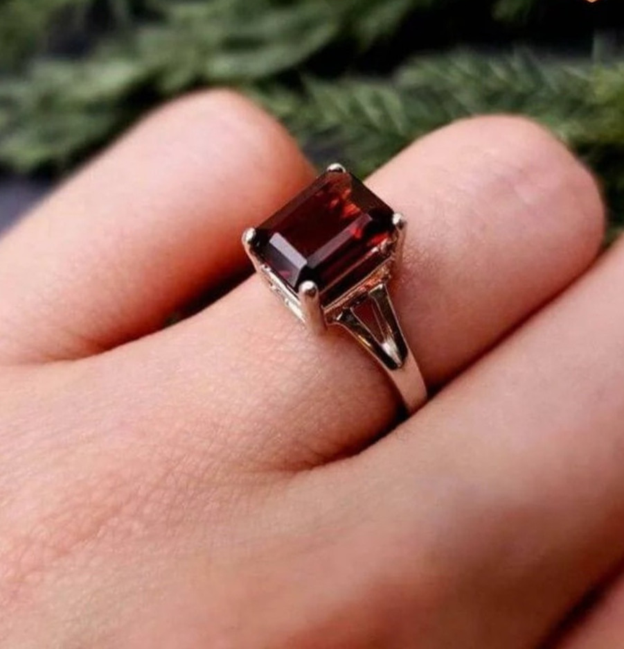 Emerald Cut Garnet Ring, 925 Sterling Silver, Natural Gemstone Handmade Ring