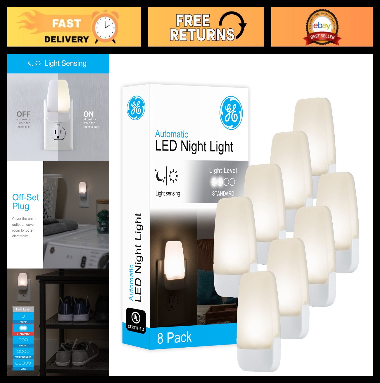 LED Night Light with Dusk to Dawn Sensor, Warm White, 8 Pack - Ideal for Kids &