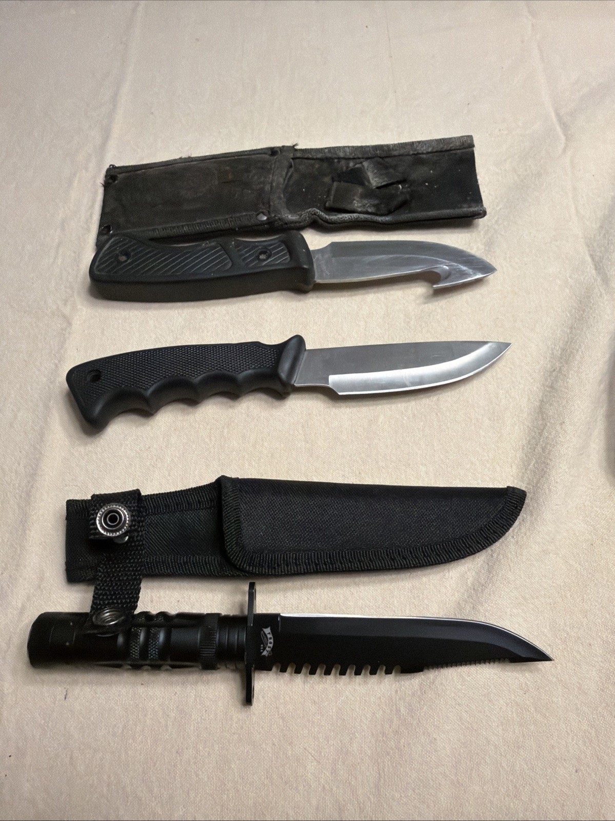 3 Fixed Blade Knifes. Frost, Maxam, Stainless. Used But In Good Shape!