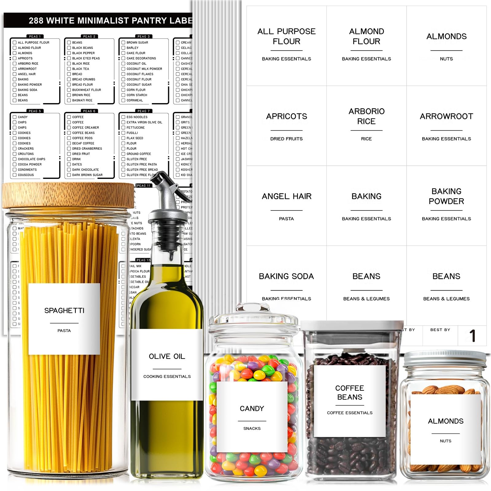 288 Pantry Labels for Food Containers, Preprinted Minimalist Waterproof Stick...