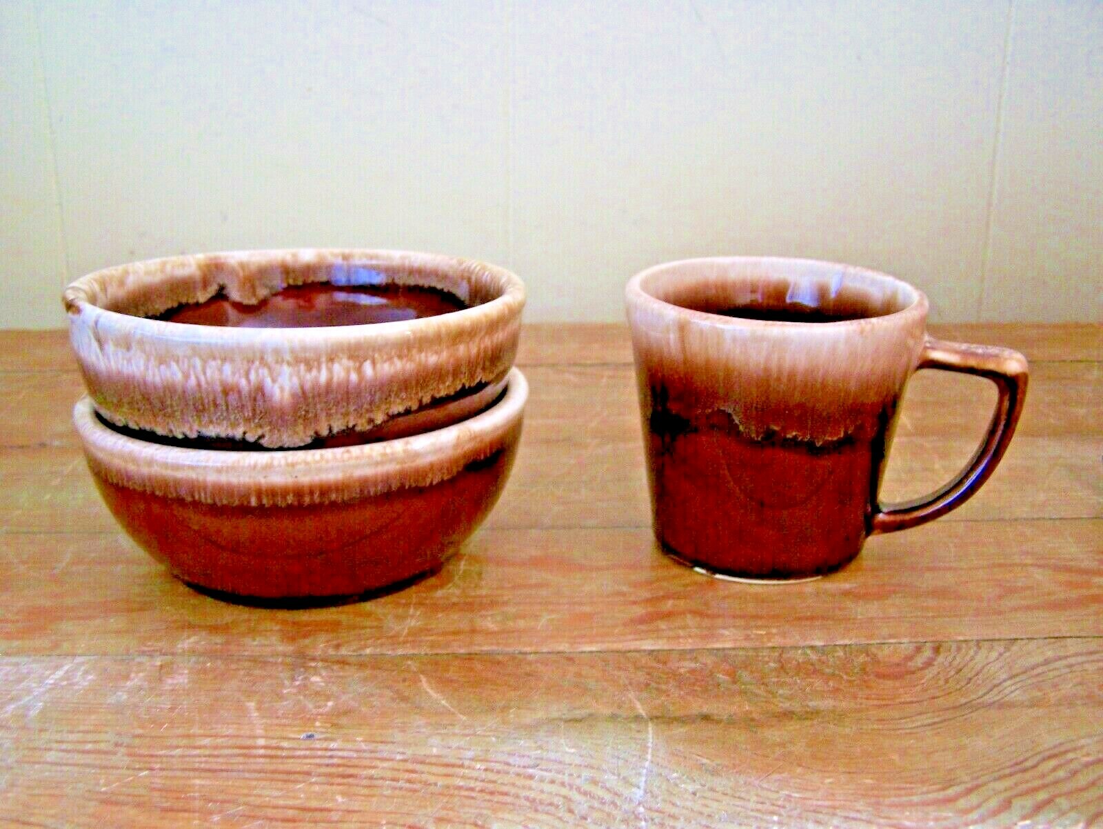 VINTAGE KATHY KALE WATT POTTERY BROWN DRIP GLAZE COFFEE MUG 2 SOUP BOWLS USA