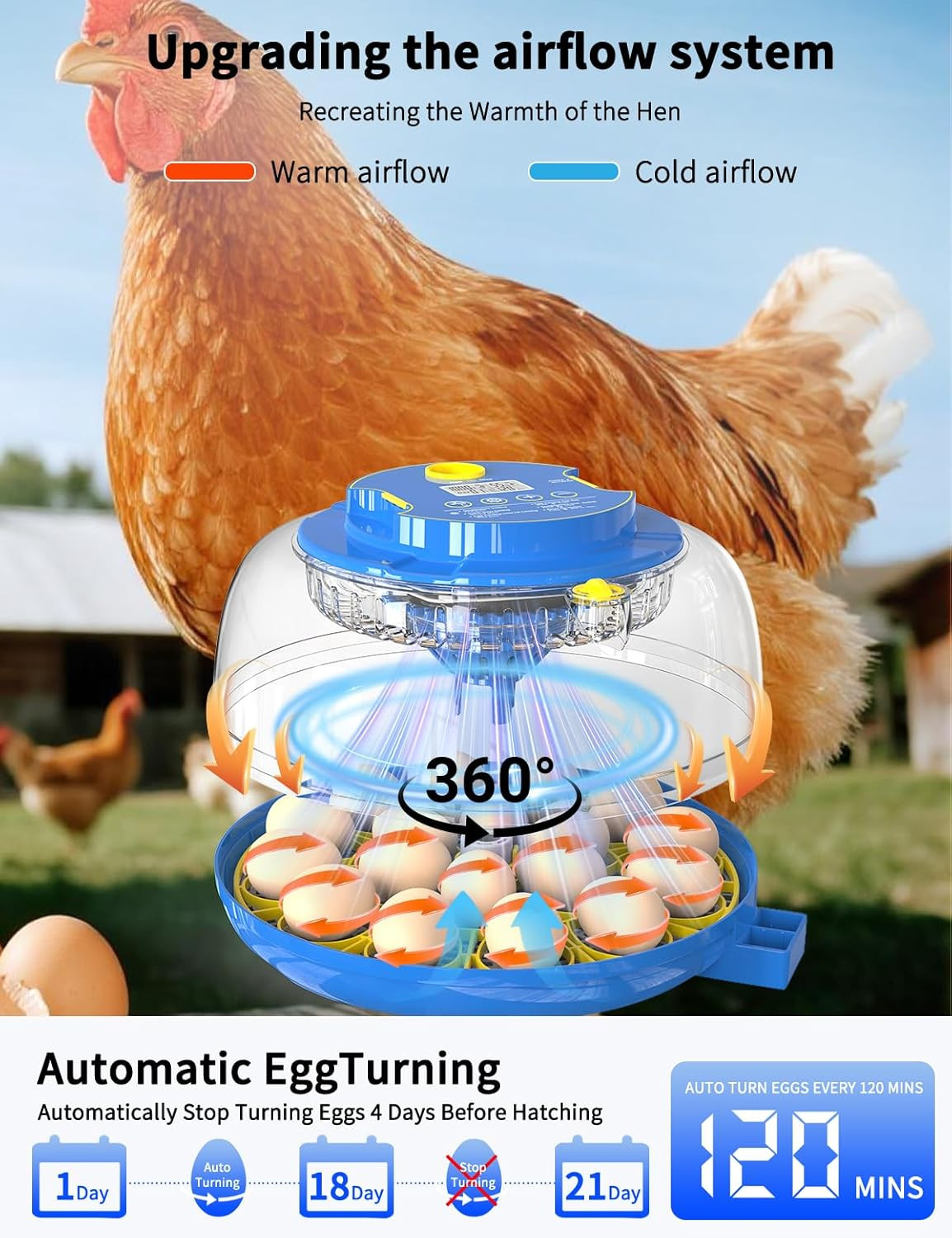 18-Egg 360° Panoramic Egg Incubator with Automatic Egg Turning and Humidity Cont