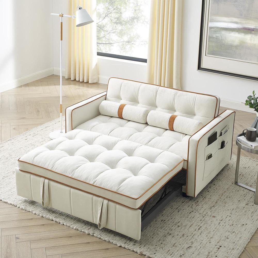 55.5" Pull Out Sleep Sofa Bed 2 Seater Adjsutable Backrest and Lumbar Pillows
