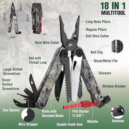 Multitool, 18 in 1 Multitool Pliers with Fire Starter, Window 18-in-1 Camo
