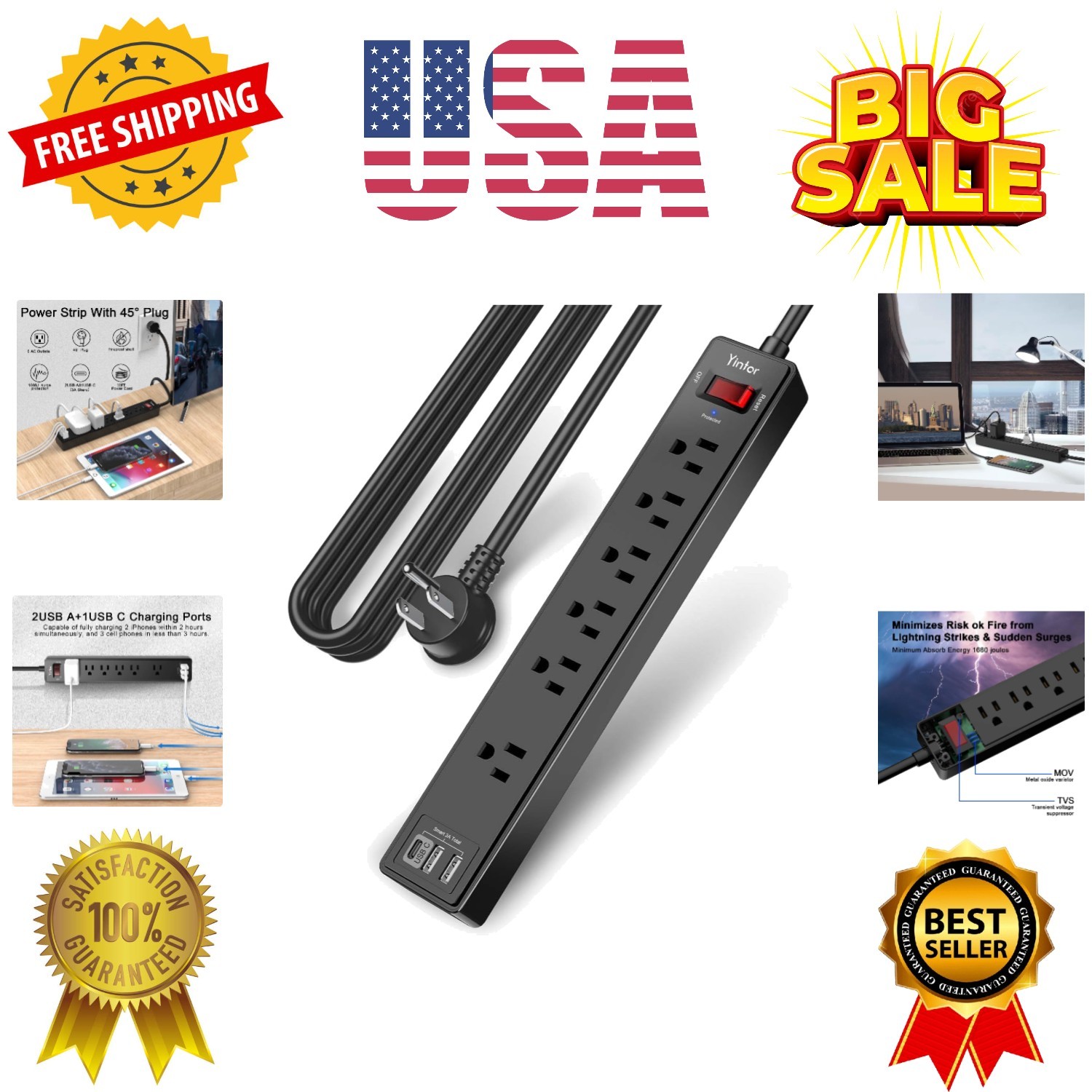 10 Ft Power Strip Surge Protector - Extension Cord with 6 AC Outlets and 3 US...