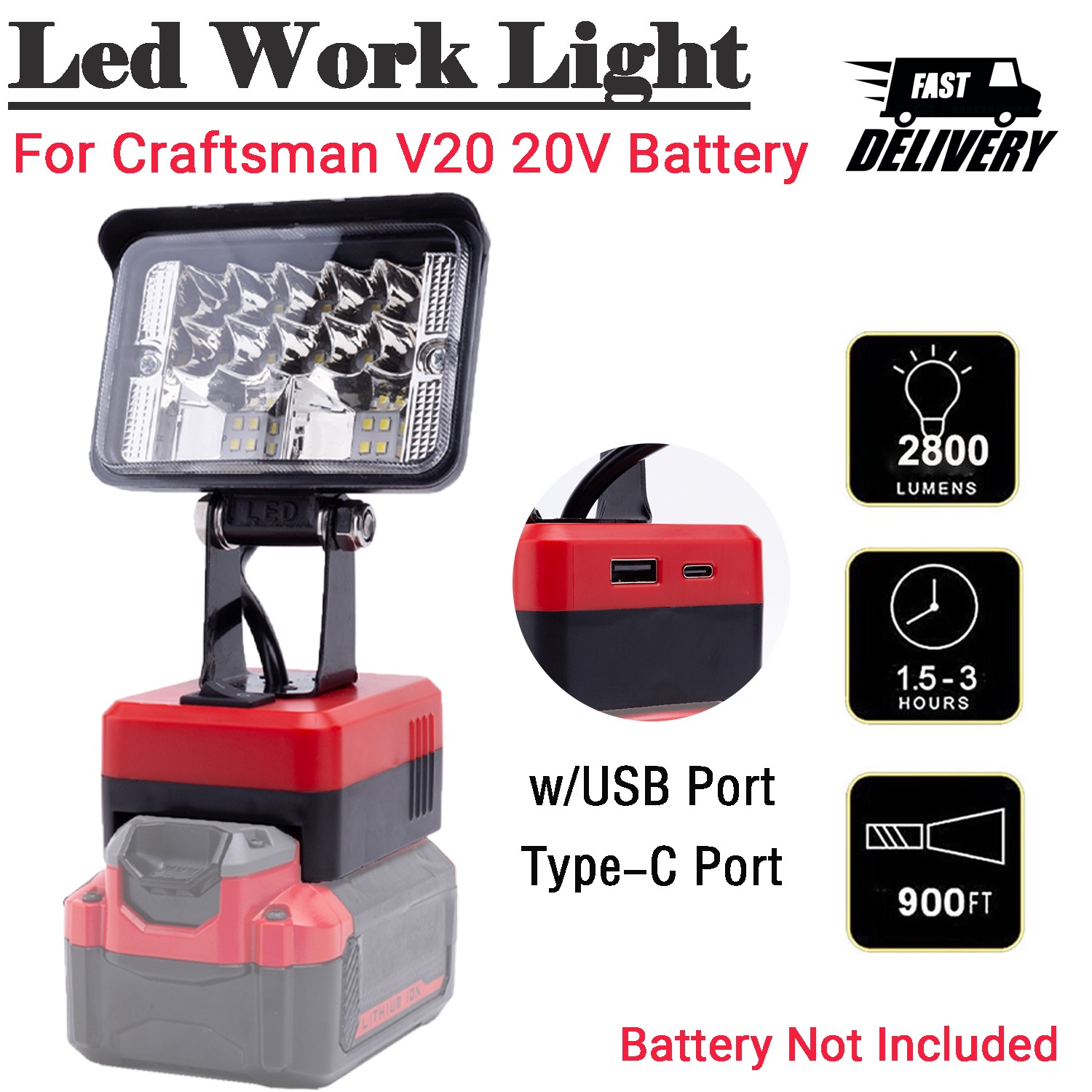 28W LED Work Light For Craftsman V20 20V Battery With USB Port Flashlight Tools