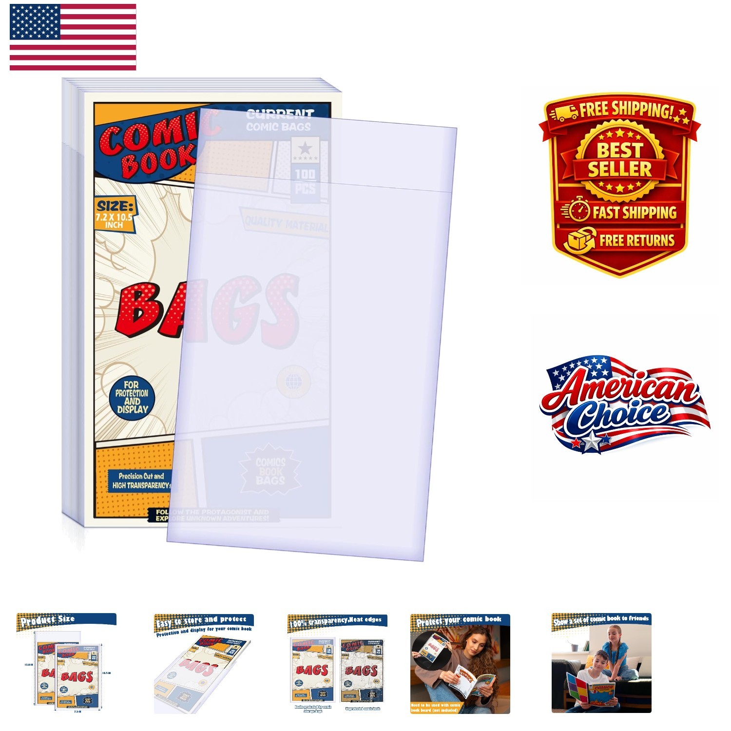 7.2 X 10.5 inch Comic Book Bags - 100 Acid-Free Reusable Sleeves for Collectors