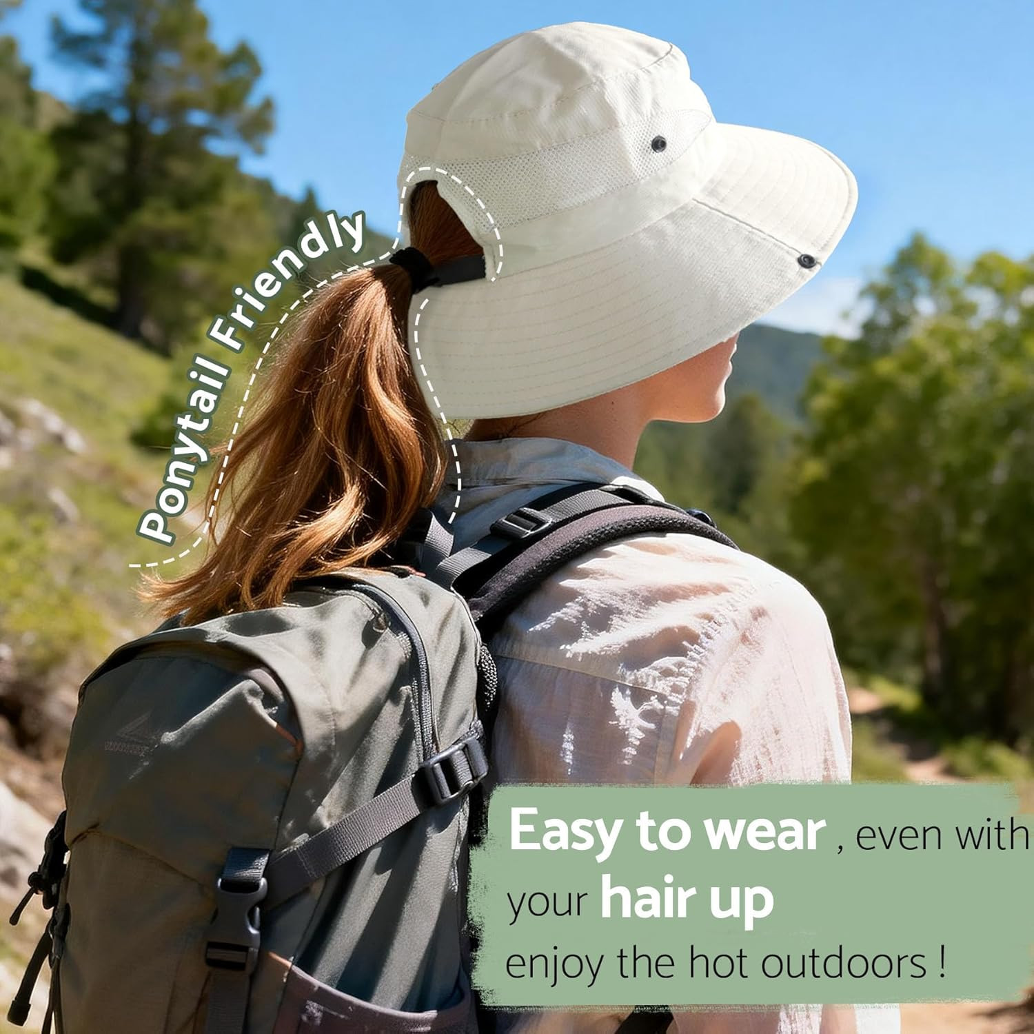 Ponytail Sun Bucket Hats for Men and Women - UPF 50+ Wide Brim Fishing Hats