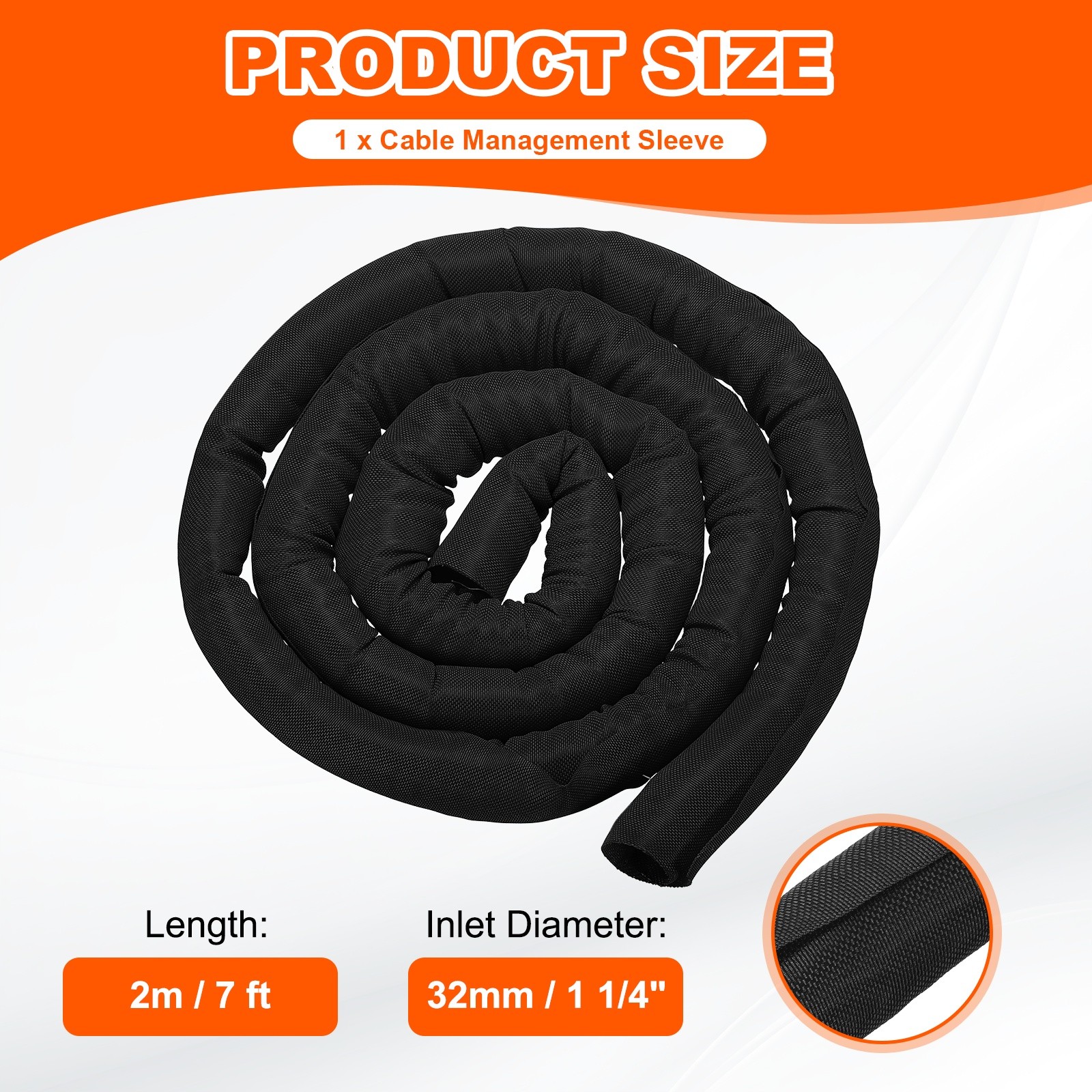Wire Split Braided Cable Management Sleeve, Black (1 1/4" - 7 Feet)