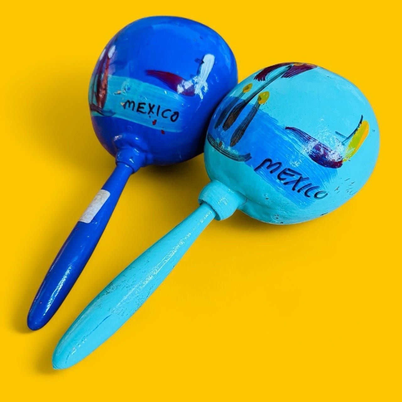 Blue Tropical Mexican Maracas Vintage Y2K Hand Painted Palm Folk Art Music Set