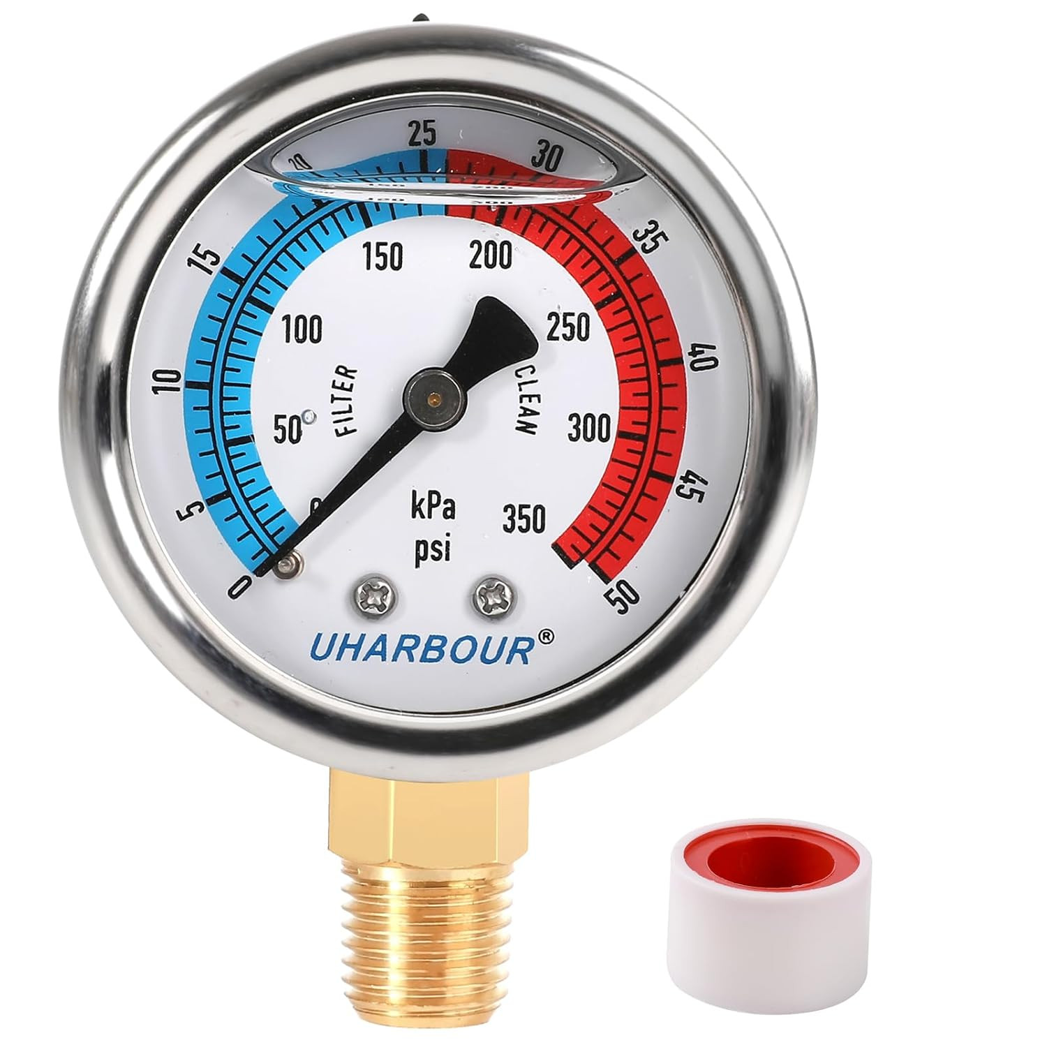 Water Pressure Gauge, Glycerin Filled Pool Filter Pressure Gauge 0-50 PSI/350KPA