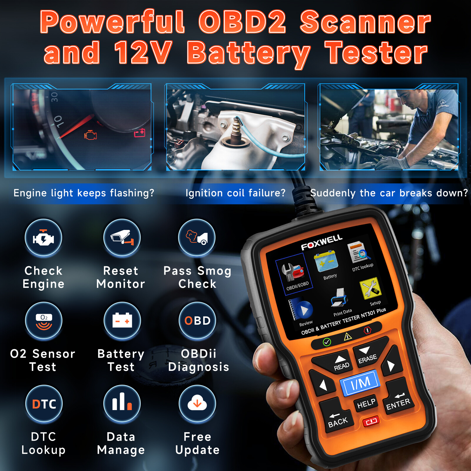 OBD2 Automotive Scanner Battery Tester Full Engine Code Reader Diagnostic Tool