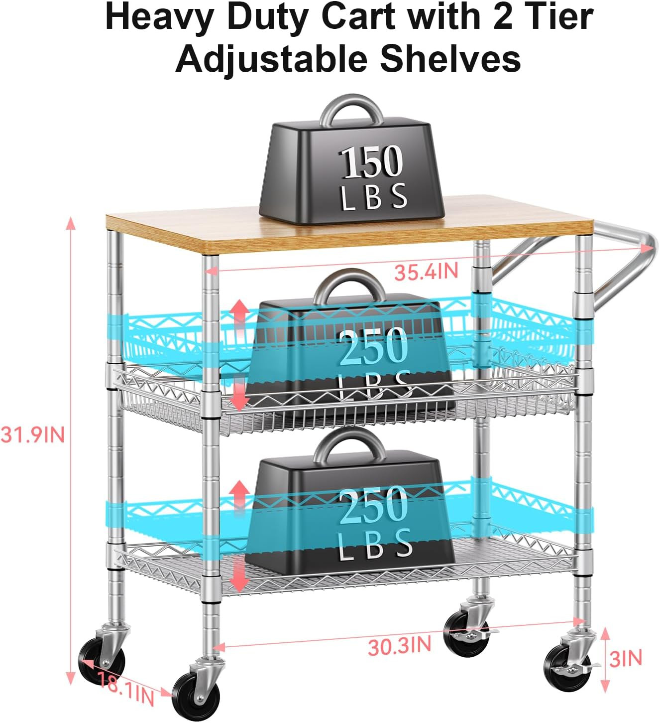3 Tier Rolling Kitchen Carts with Wheels, Heavy Duty Rolling Utility Cart with W