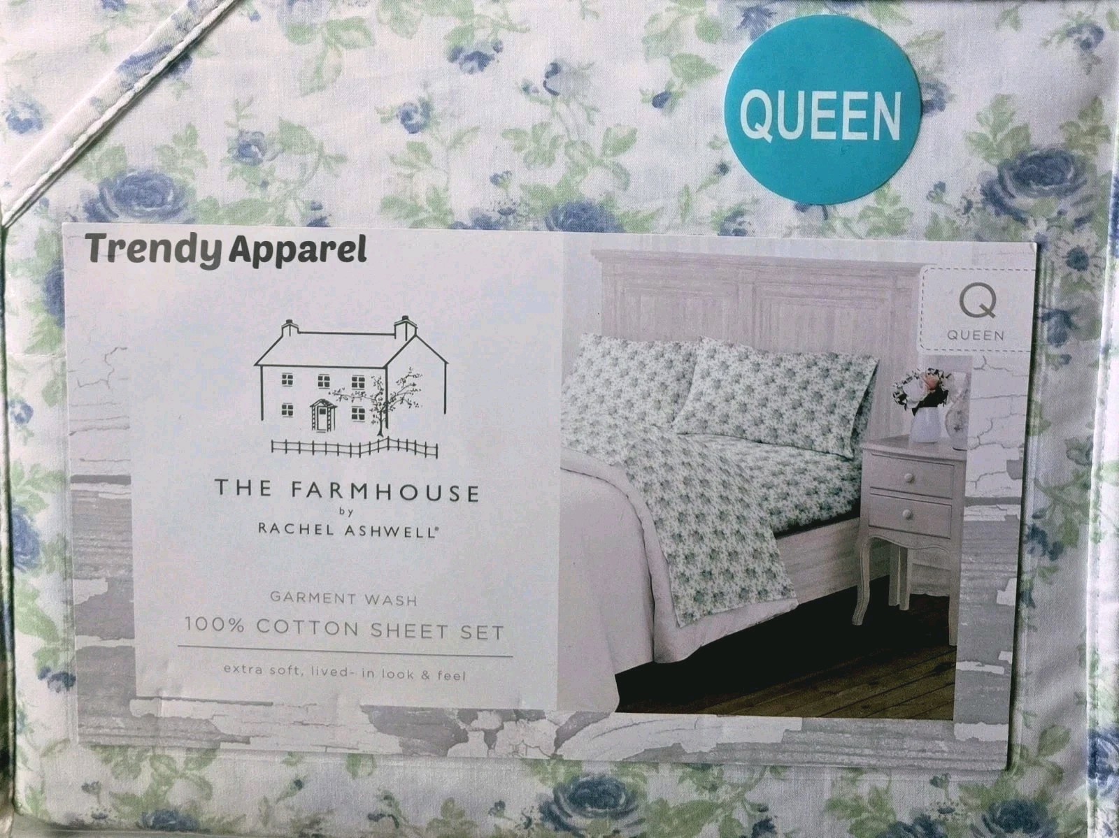 Shabby Chic Farmhouse,Rachel Ashwell, White, Blue & Green Floral QUEEN Sheet Set