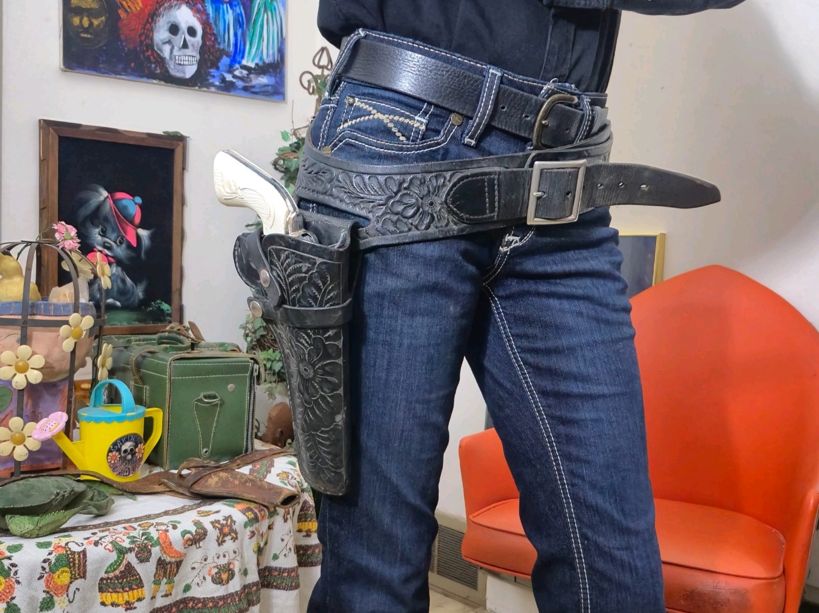 VTG HUNTER CO. 3100B 48 HAND CARVED LEATHER WESTERN PISTOL HOLSTER BELT 3158 MED