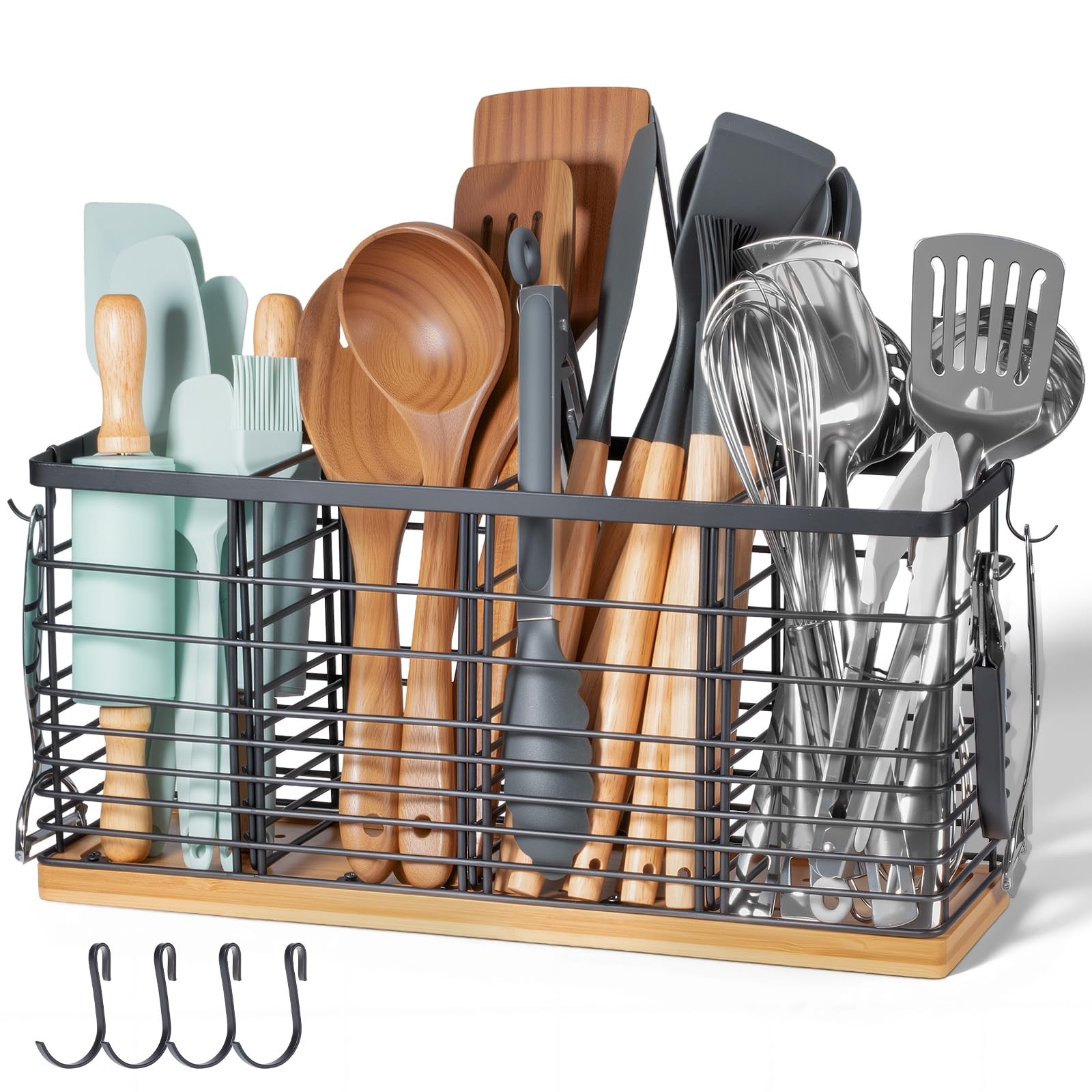 Nigelia 4 Compartments Extra Large Kitchen Utensil Holder with Wooden Black