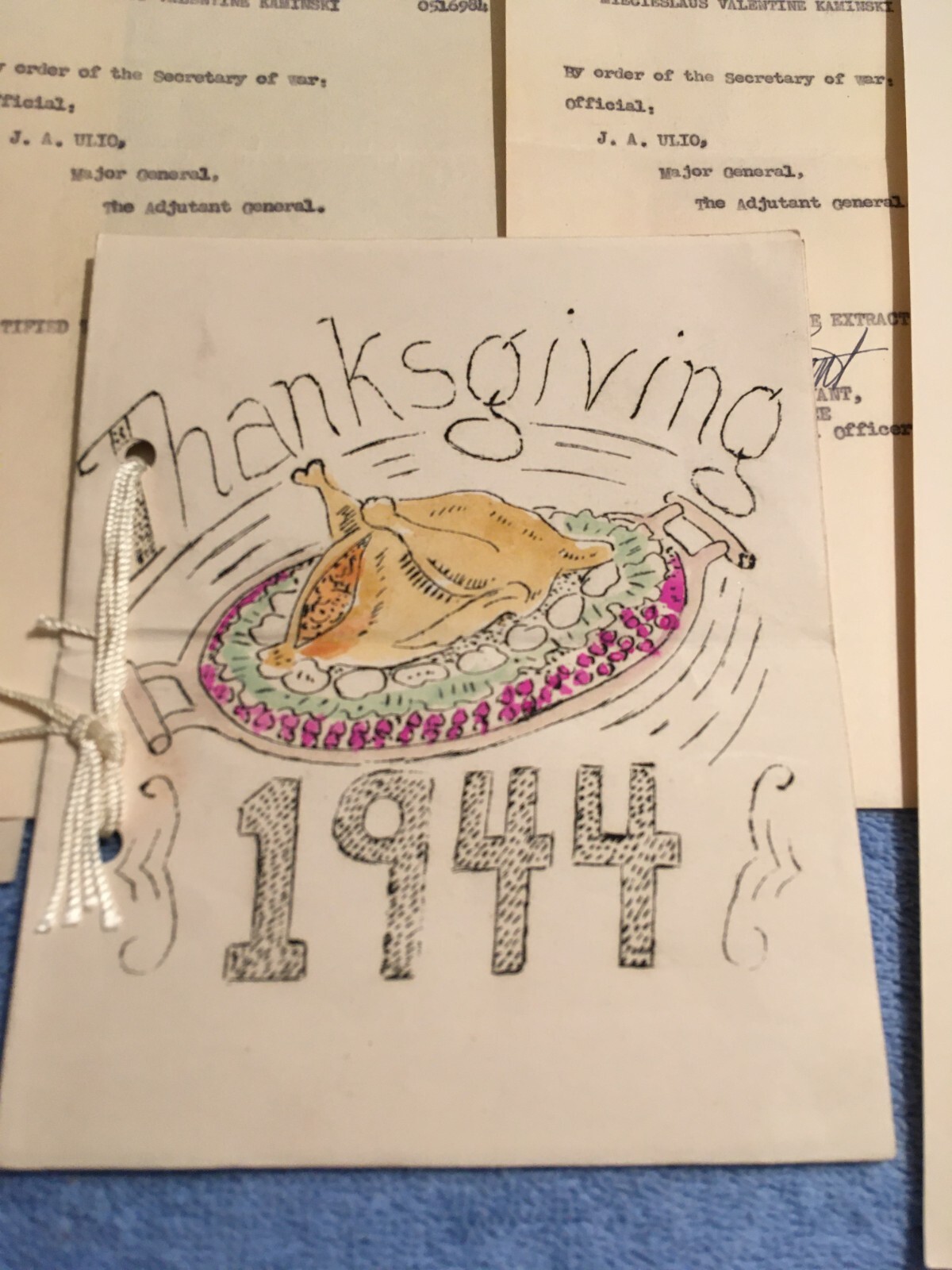 VINTAGE 1944 ARMY WWII THANKSGIVING DAY FOOD MENU & ORDERS RARE EPHEMERA READ