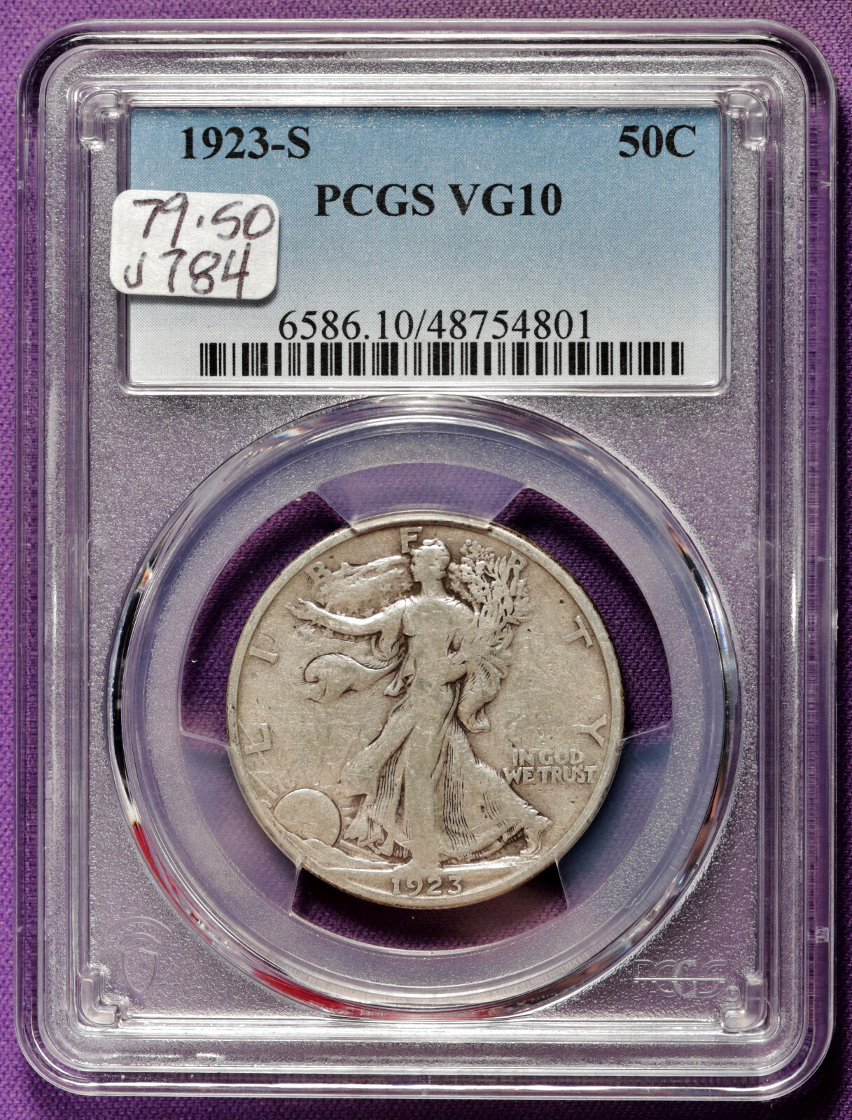1923-s Walking Liberty Half Dollar.  In PCGS Holder.  VG 10.  j784