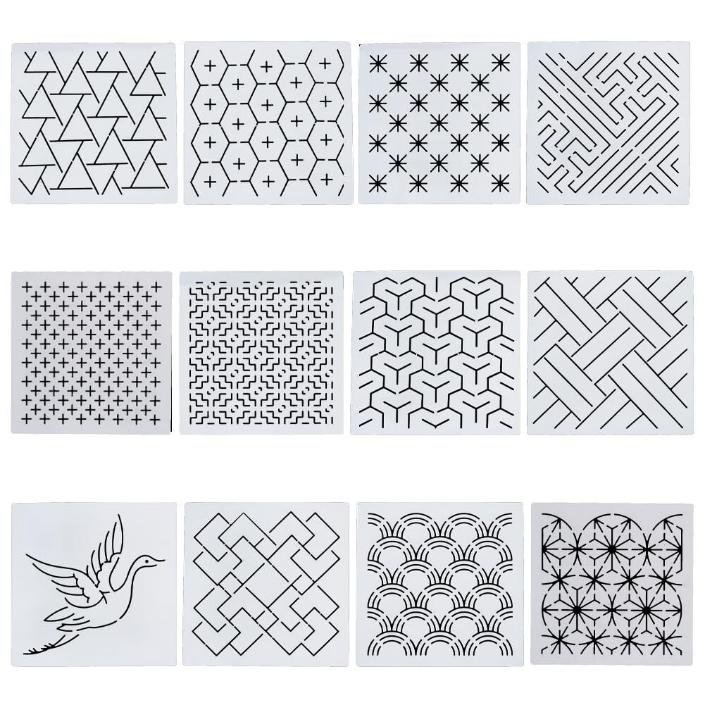 Embroidery Stencils Geometric Sashiko Patterns Acrylic 14x14cm Hand Quilting