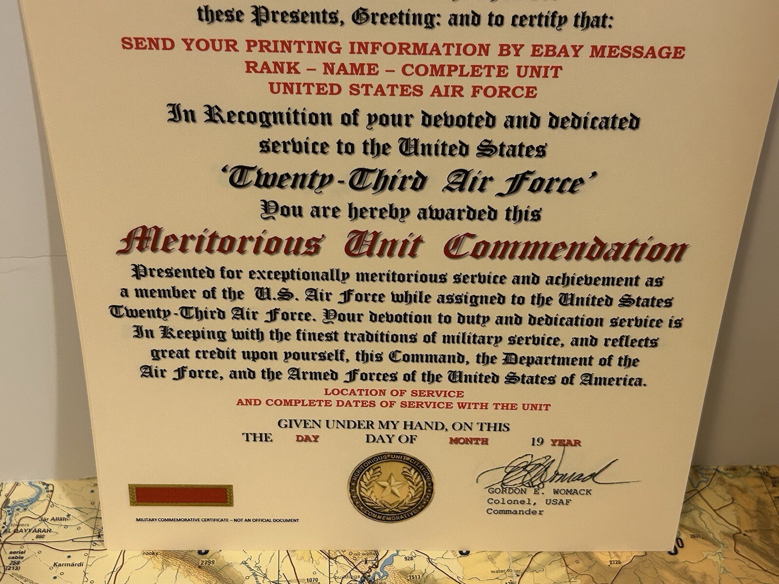 U.S. AIR FORCE / 23RD AIR FORCE - MERITORIOUS UNIT COMMENDATION CERTIFICATE
