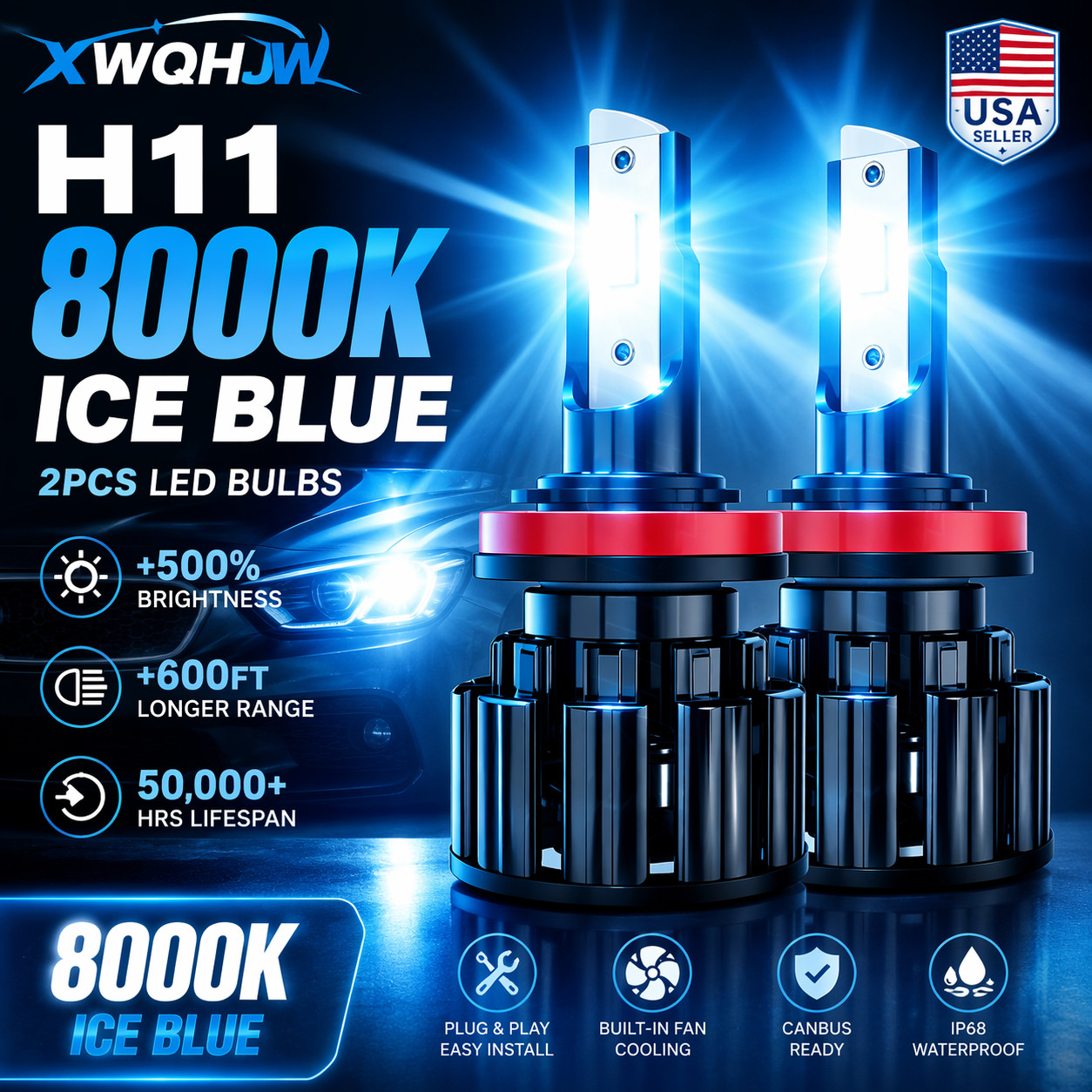 H11 LED Headlight Super Bright Bulbs Kit High/Low Beam 8000K Ice Blue XWQHJW