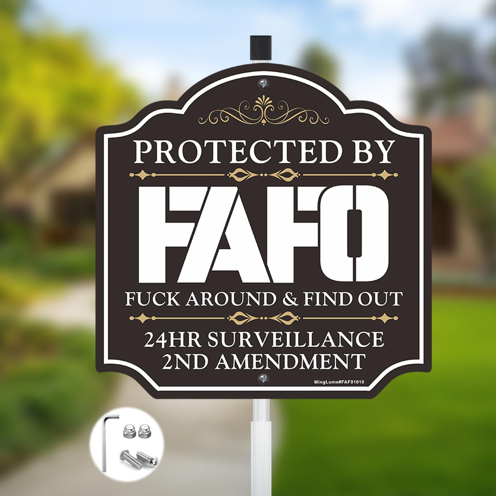 Protected by Security Sign - 2nd Amendment Warning Yard Sign with 28" Stake, Rus