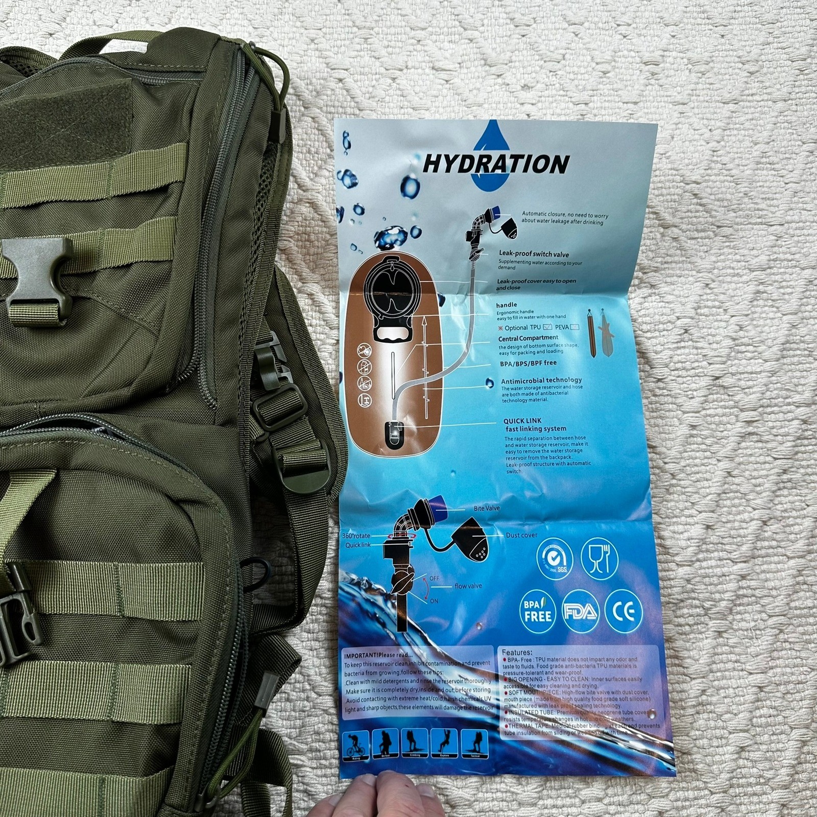 Tactical Molle Hydration Pack Backpack 3L Water Bladder Hiking Olive Green