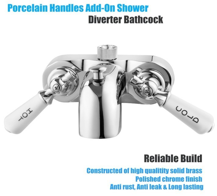 Heavy Duty Bathcock Diverter Shower Attachment for Clawfoot Tub Faucet 2 Lever
