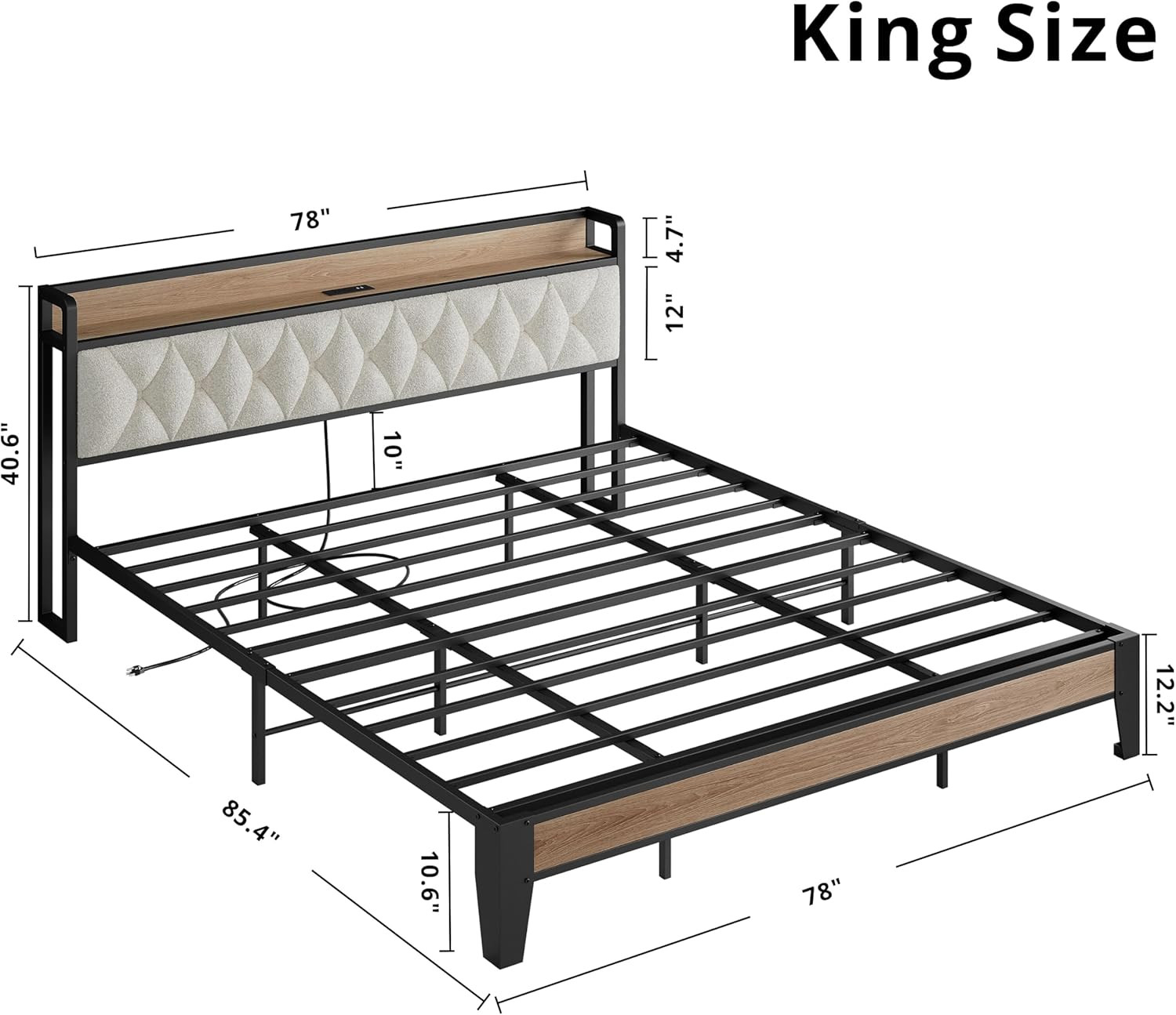 King Bed Frame, Storage Headboard with Charging Station, Platform Bed Frame with