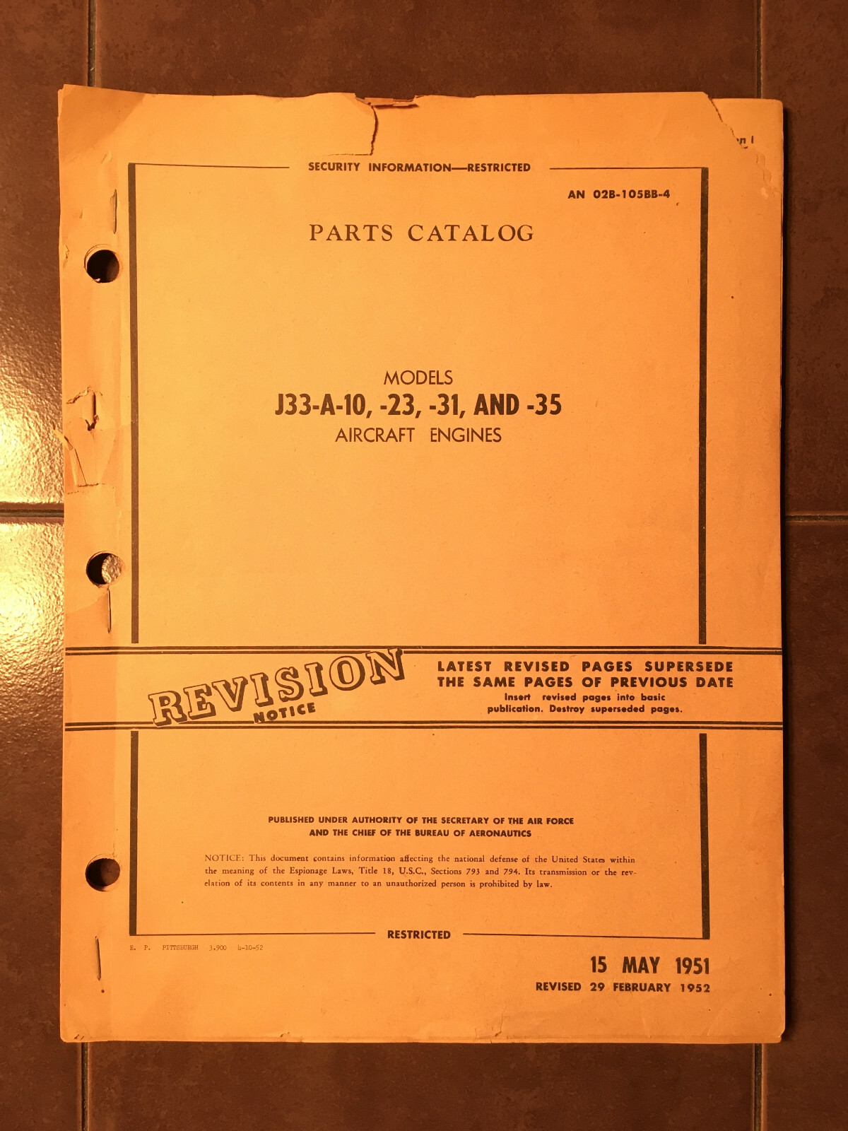 Original Allison J33-A-23, J33-A-10, J33-A-31, J33-A-35 Illustrated Parts Manual