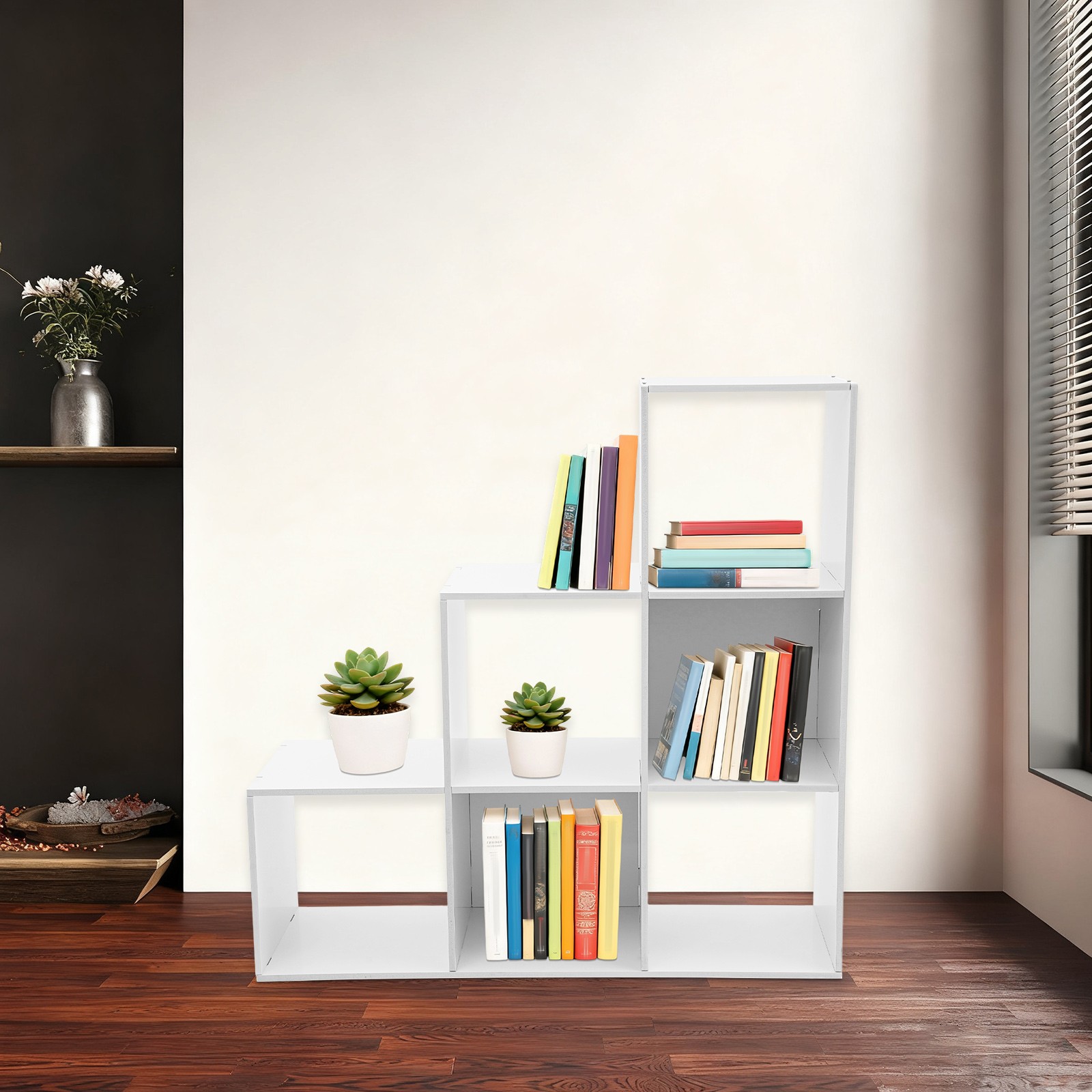 L-Shaped Storage Bookcase 6-cube Stepped Corner Shelf Book Rack for Home/Office