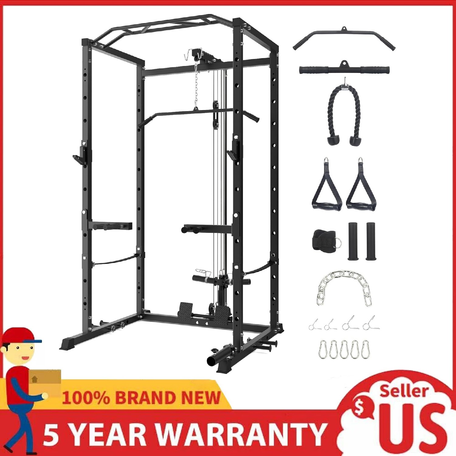 Power Cage Power Rack &Pulley System Squat Rack Weight Cage Workout for Home Gym