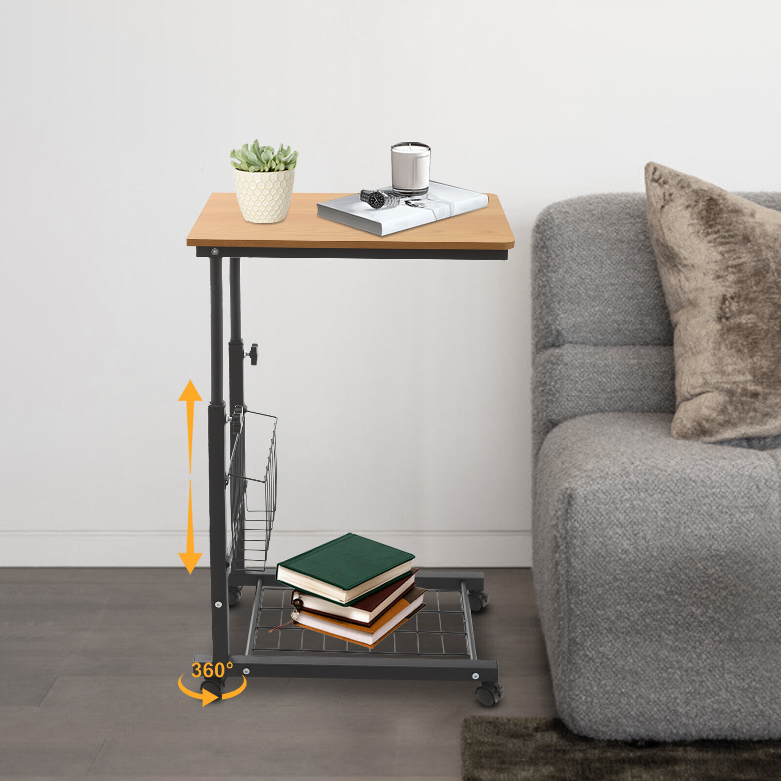 Height Adjustable C-Shaped Teak 2-Tier Bedside Table with Wheels & Brakes
