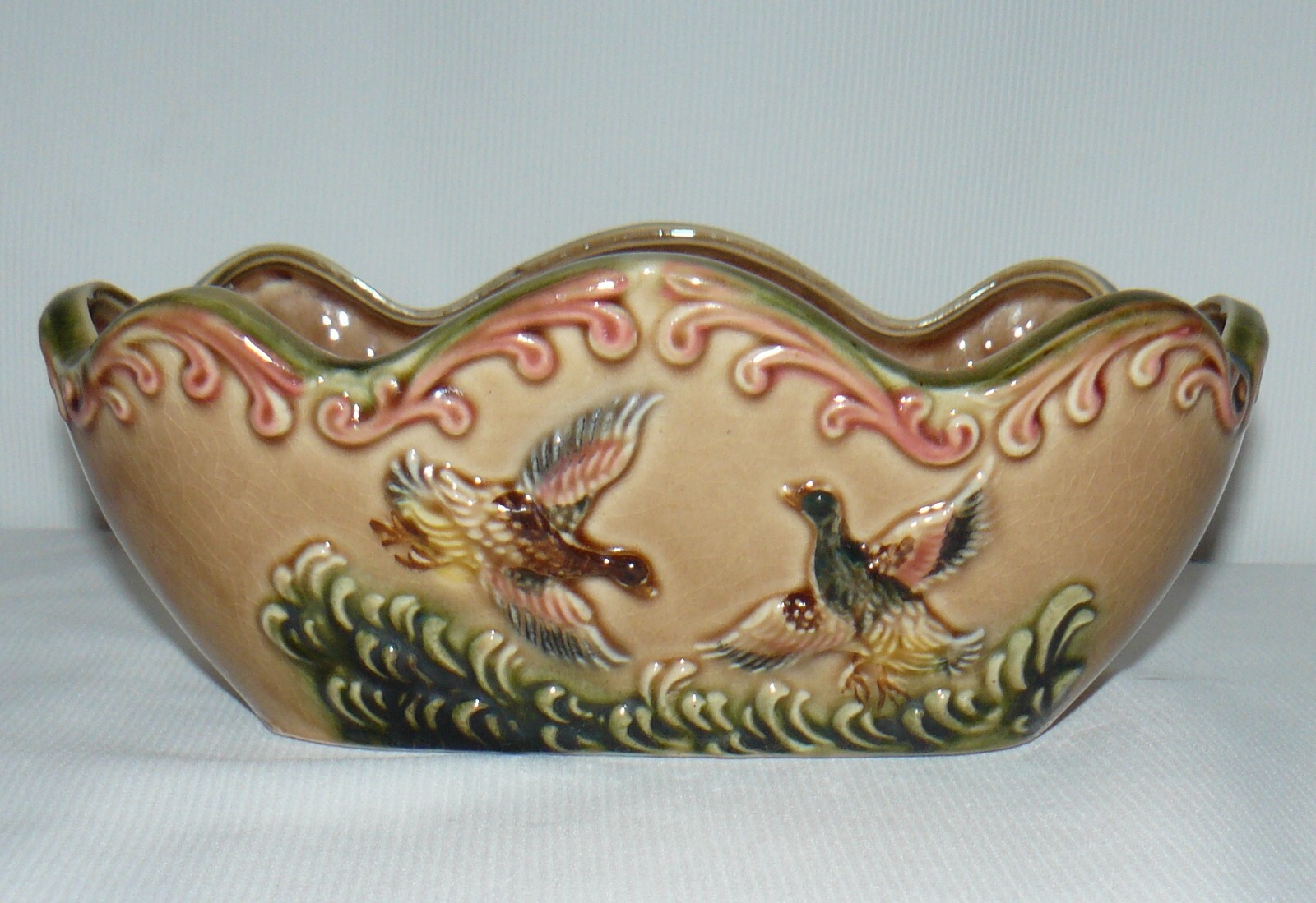 Vintage Square Oval Ruffle 9" Long Planter Crackle Ceramic Ducks In Flight