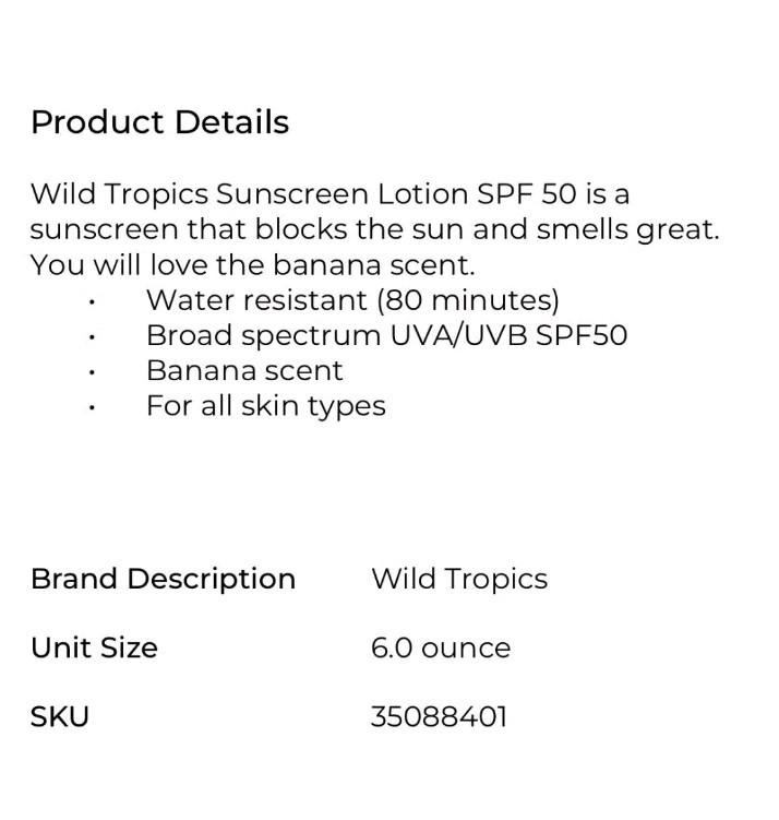 NEW! Wild Tropics 6 Oz.🍌 ●FRESH BANANA SCENT● Broad Spectrum ☀️SPF50 Sunscreen.