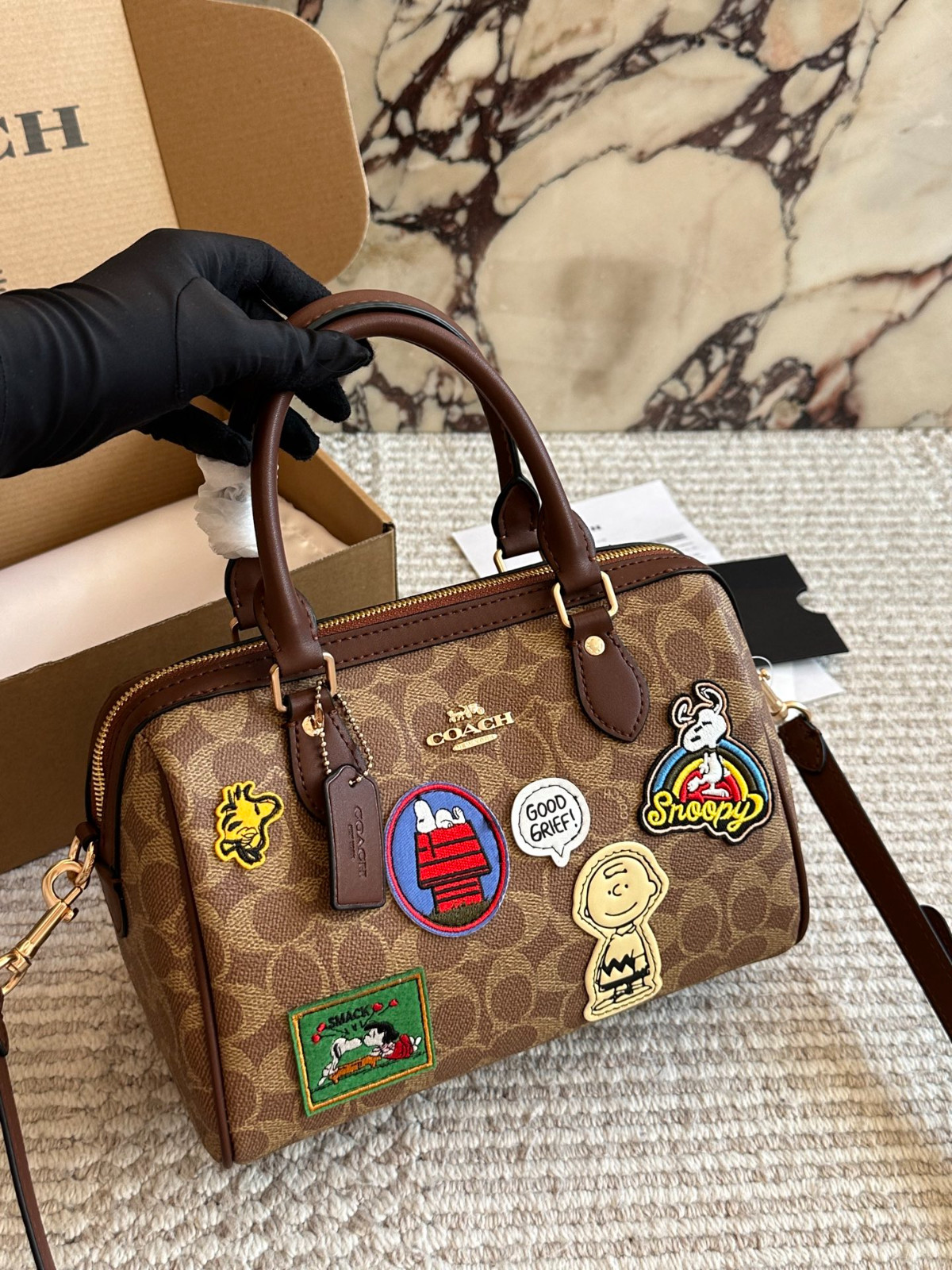 NWT Coach X Peanuts Rowan Satchel Bag Signature Canvas Snoopy Patch OUTLET