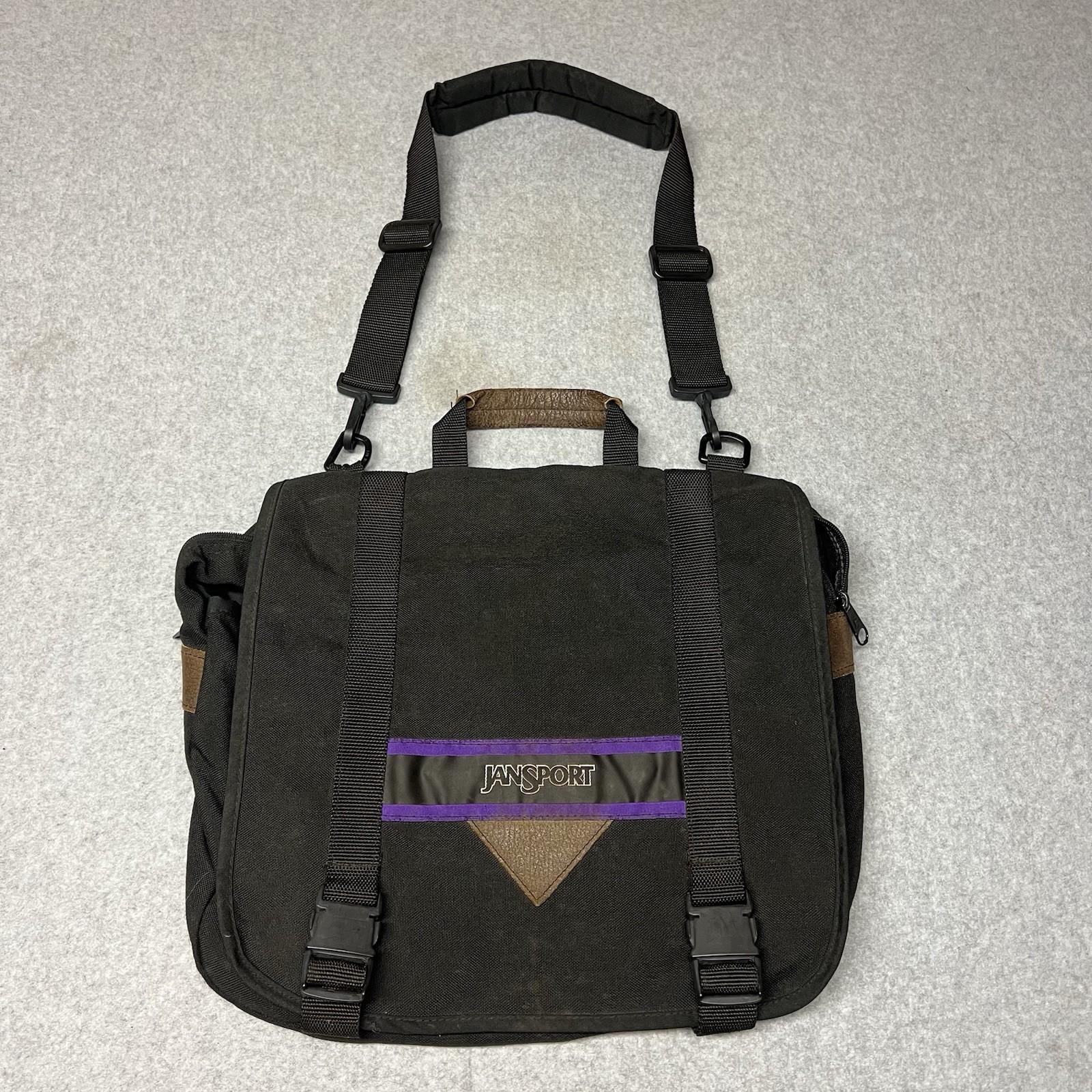 Vintage Jansport Messenger Laptop Bag Black Hiking Leather Trim Made in USA